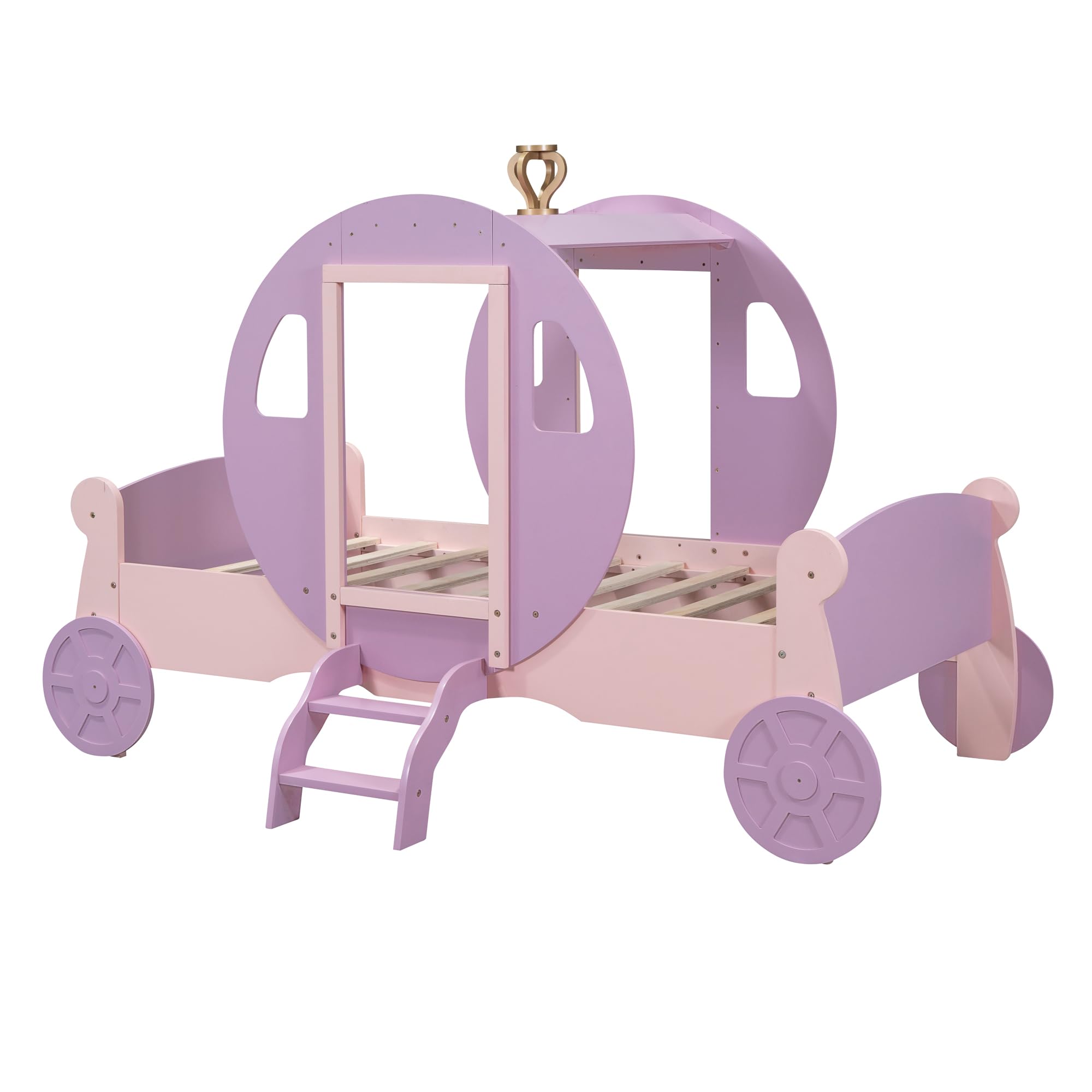 **Royal Princess Carriage Twin Bed for Girls - Wooden Platform Bed Frame with Crown & Stairs - Purple & Pink Kids Bedroom Furniture - Perfect for Princess-Themed Bedrooms & Sleepovers**