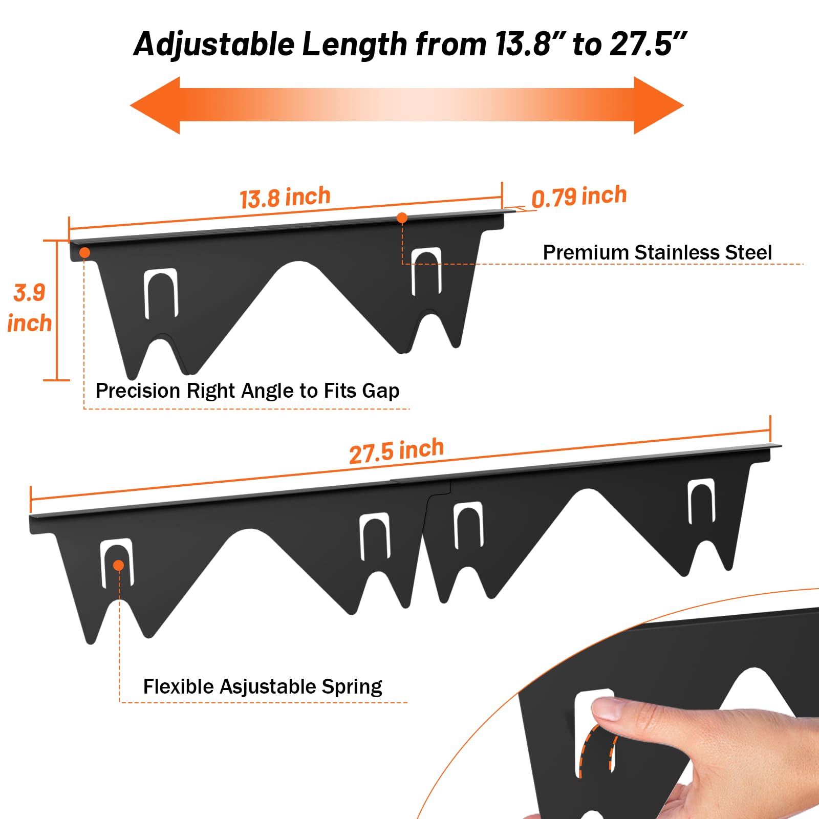 Stainless Steel Stove Gap Covers (2PCS) - Adjustable Range Gap Filler for Kitchen Oven, Heat Resistant Stove Guard Trim Kit (13.8''-27.5'') - Easy Clean Black Countertop Protector for Safe Cooking & Spill Prevention