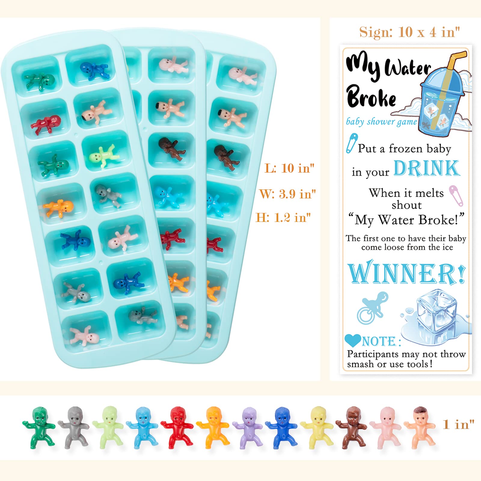 ZYFLSQ My Water Broke Baby Shower Game Kit - 60 Colorful Mini Plastic Babies, 3 Ice Cube Trays & 1 Sign - Perfect for Gender Reveal Parties & Baby Shower Activities