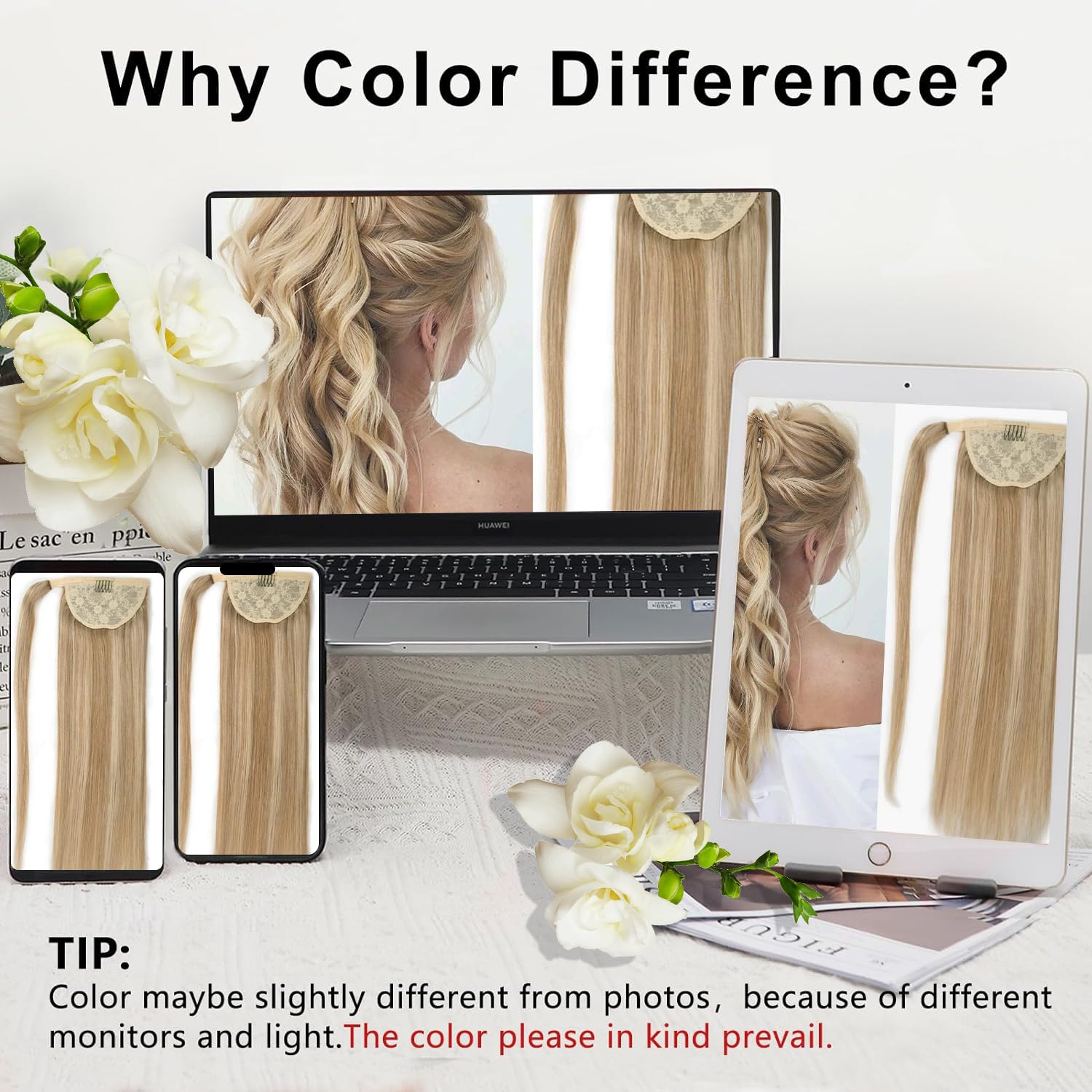 RECOOL 22 Inch Clip-In Ponytail Hair Extensions - Light Blonde to Bleach Blonde Remy Human Hair - Wrap Around Ponytail Extension for Women - Long Straight Natural Look - Perfect for Parties, Weddings & Everyday Styling
