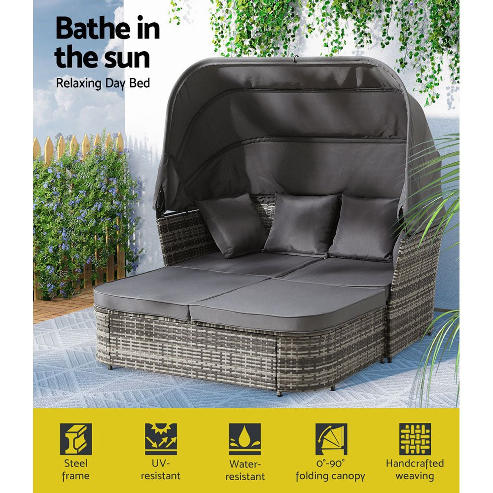 Extra Large Outdoor Day Bed with Canopy - Grey Weather-Resistant Patio Lounge for Poolside, Garden & Backyard Relaxation