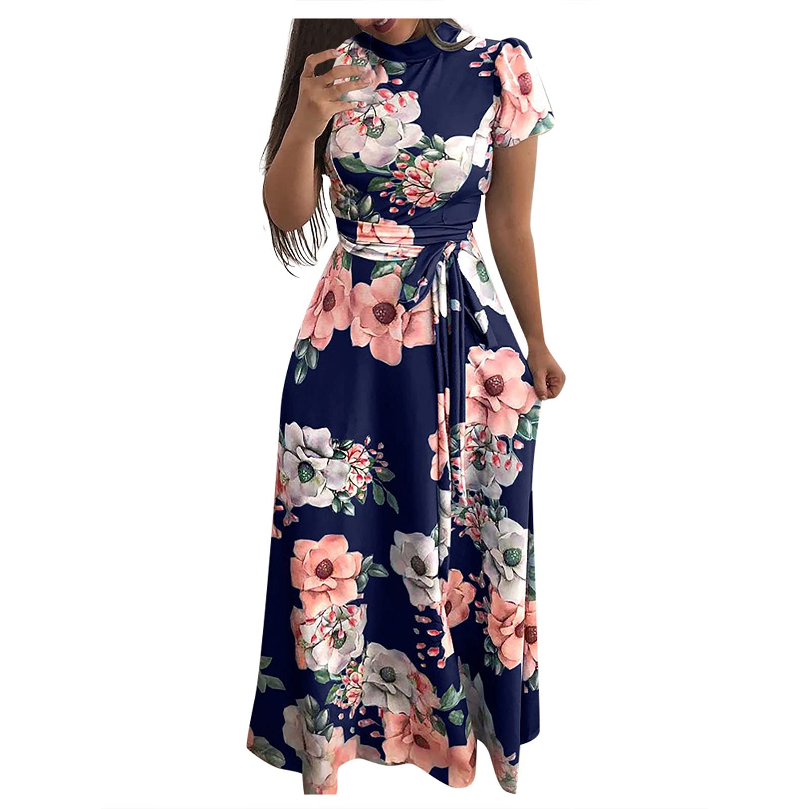RIJJTRP Women's Casual & Evening Party Dresses - Floral Printed Maxi Dress with Lace Up Detail, Short & Long Summer Dresses for Beach, Wedding, Cocktail Party & Night Out