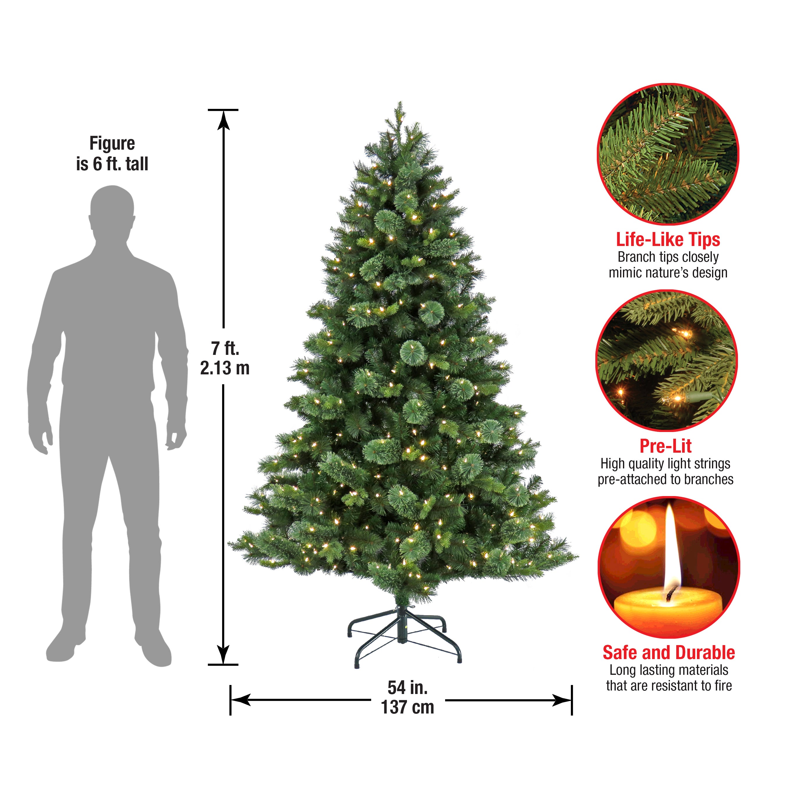 7 ft. Pre-Lit Montreal Pine Artificial Christmas Tree with Warm White LED Lights - Perfect for Holiday Home Decor & Indoor Festive Celebrations