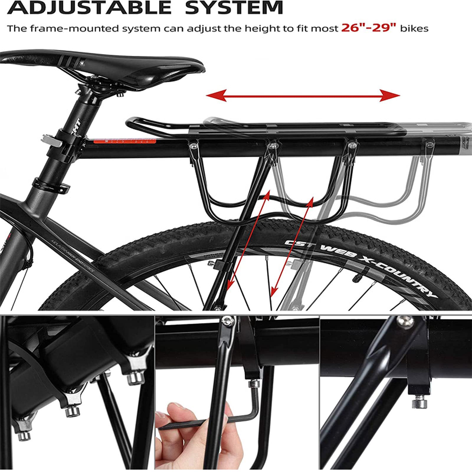110lbs Capacity Adjustable Aluminum Bike Rear Rack - Quick Release MTB Cargo Carrier with Reflector for Cycling Commuting & Outdoor Adventures