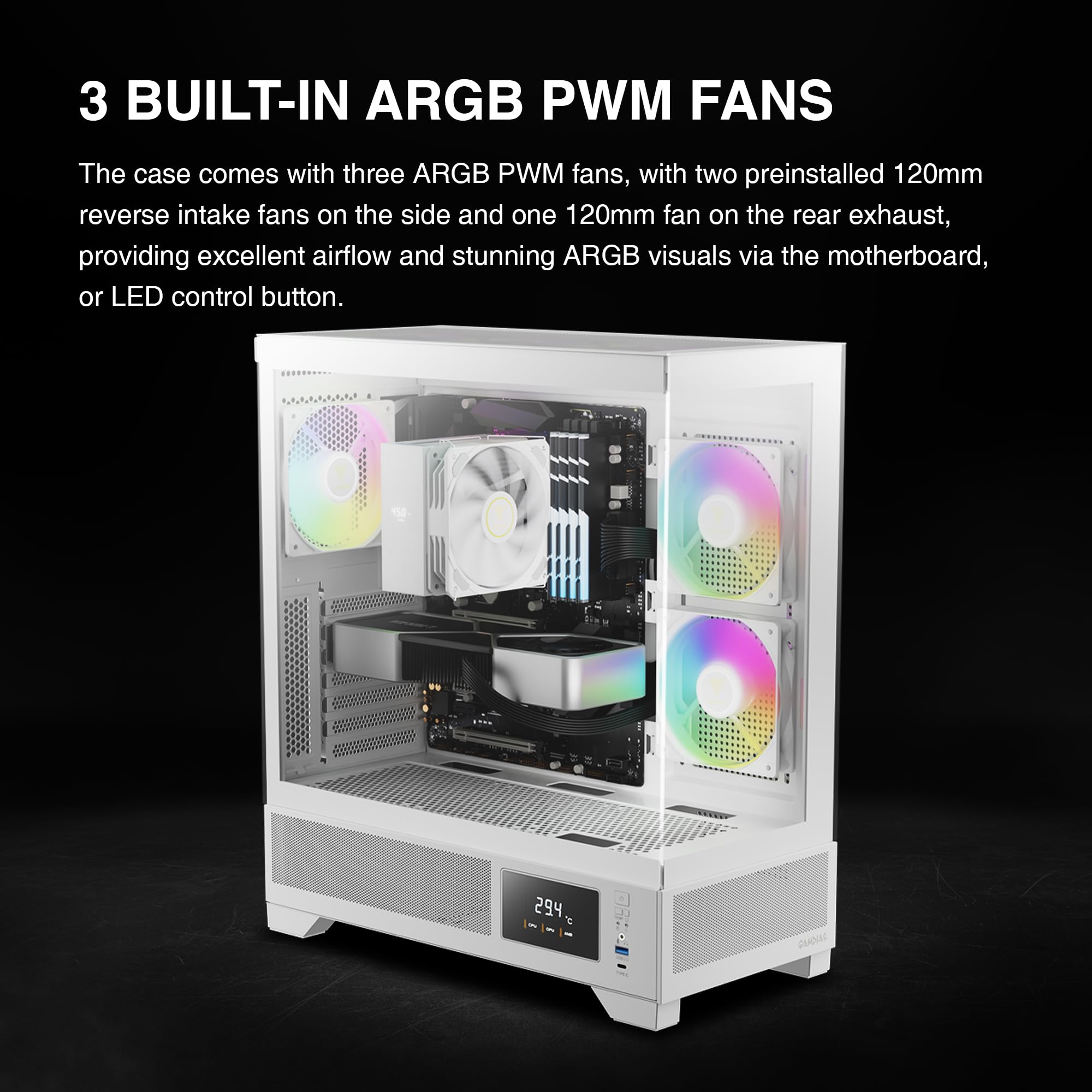 GAMDIAS White Mid Tower ATX Gaming PC Case with Tempered Glass Side Panel & LED Display - Built-in 3x120mm ARGB PWM Fans, Supports RTX GPU (410mm) & 360mm AIO Radiator - Perfect for High-Performance Gaming Rigs & Streaming Setups