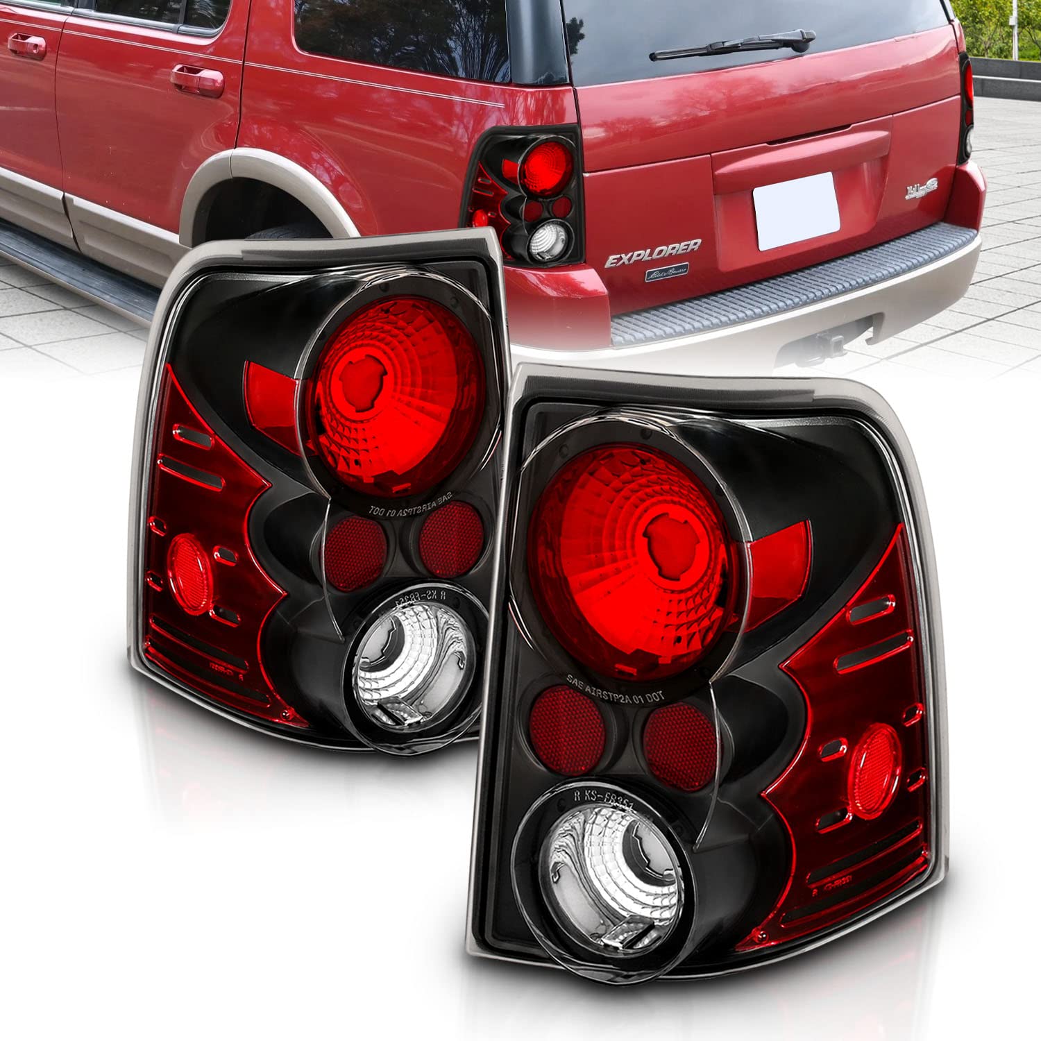AmeriLite Black Replacement Brake Tail Lights Set Compatible with 2002-2005 Ford Explorer - Left & Right Side - Enhanced Visibility & Safety for Night Driving