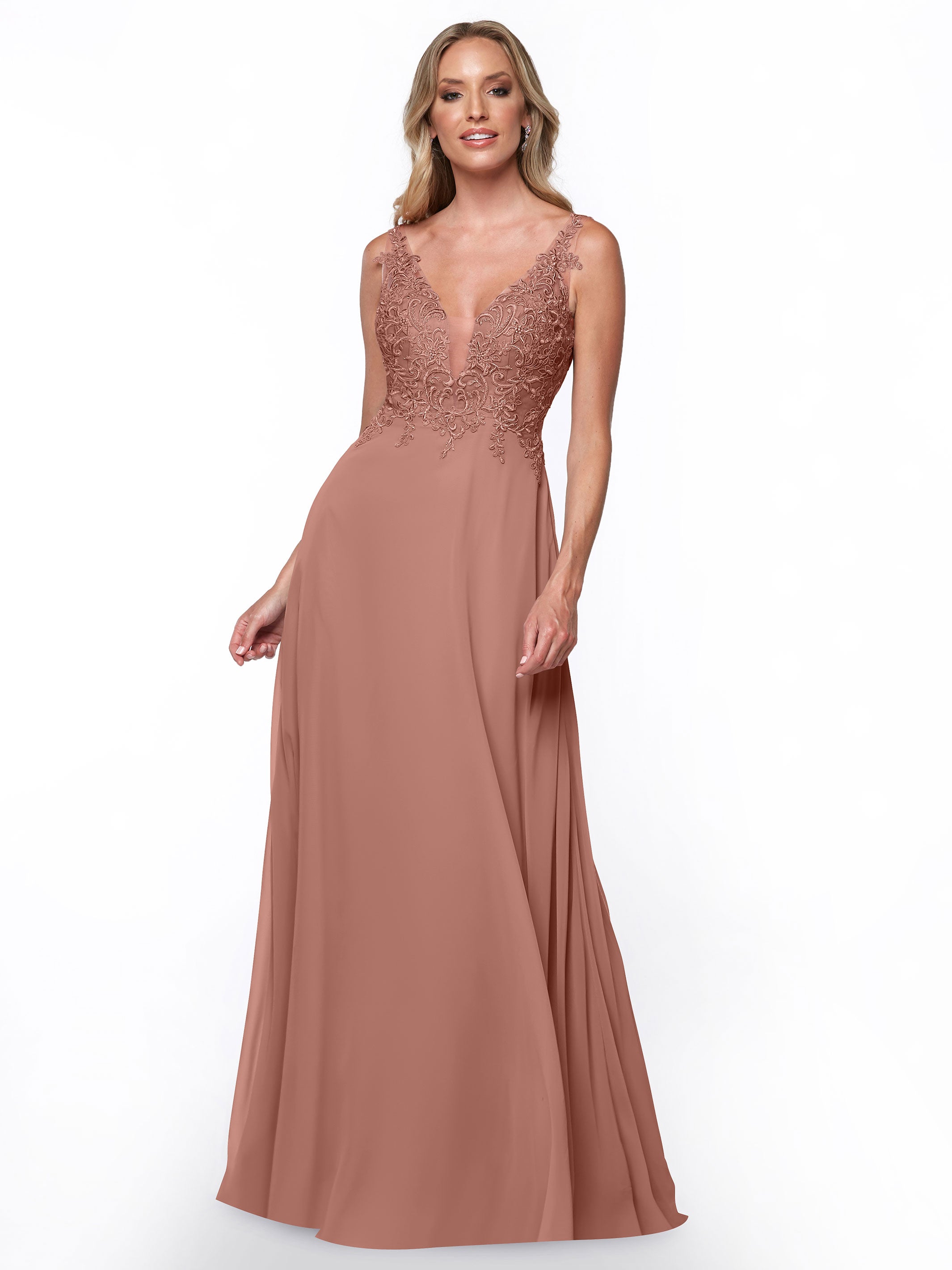 Elegant 80128 Plunging Lace and Chiffon A-Line Bridesmaid Dress for Weddings, Formal Events & Special Occasions