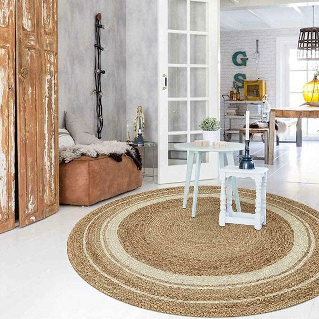 Handwoven Jute Area Rug - Natural Fiber Round Braided Rug for Bedroom, Kitchen & Living Room - Farmhouse Decor - 11x11 Feet with White Border - Perfect for Boho, Coastal & Rustic Home Styles