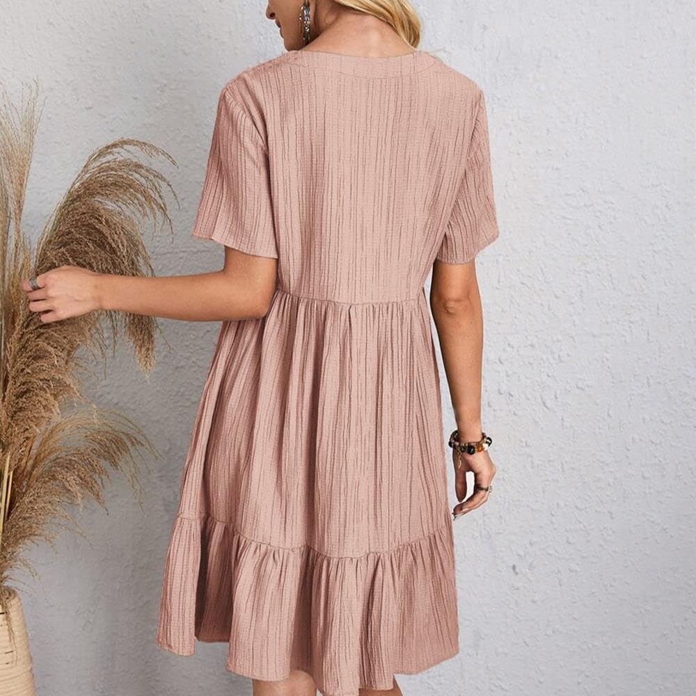 Women's Summer V-Neck Short Sleeve Ruffle Hem Flowy Swing Dress - Swiss Dot Chiffon Mini Babydoll Dress for Beach, Party & Casual Wear