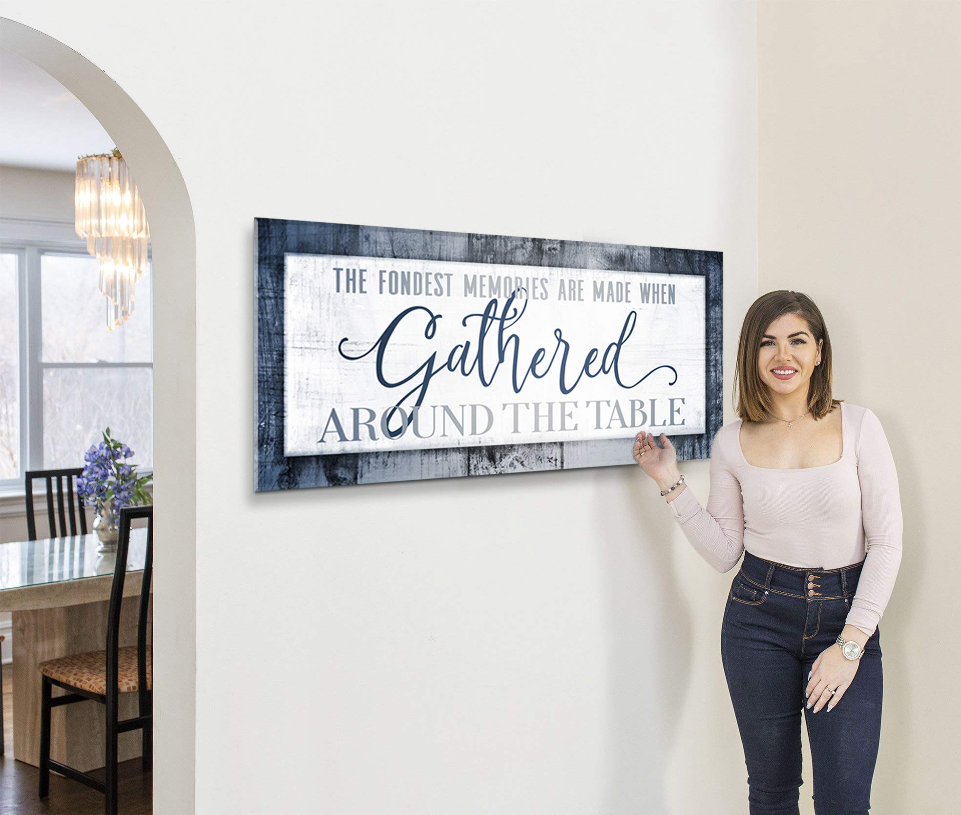 Artistic Fondest Memories Sign - Large Framed Wall Decor for Kitchen & Dining Room - Blue 60x27 Inches - Perfect for Family Gatherings & Home Décor