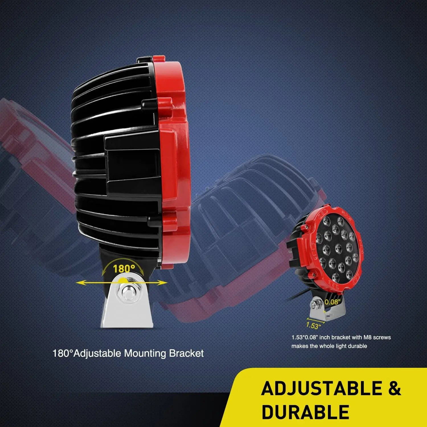 51W 7-Inch Round Red LED Flood Work Light - High Power Waterproof for Construction, Emergency, Off-Road & Outdoor Use (Pair)