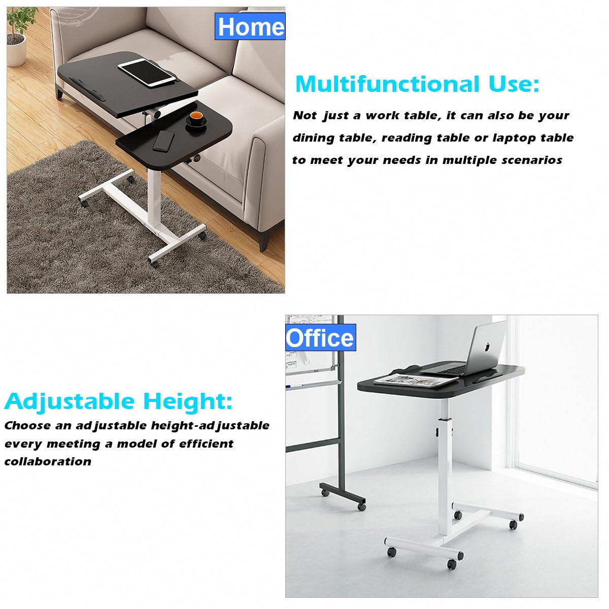 Adjustable Overbed Table with Wheels - Height Adjustable (23.6