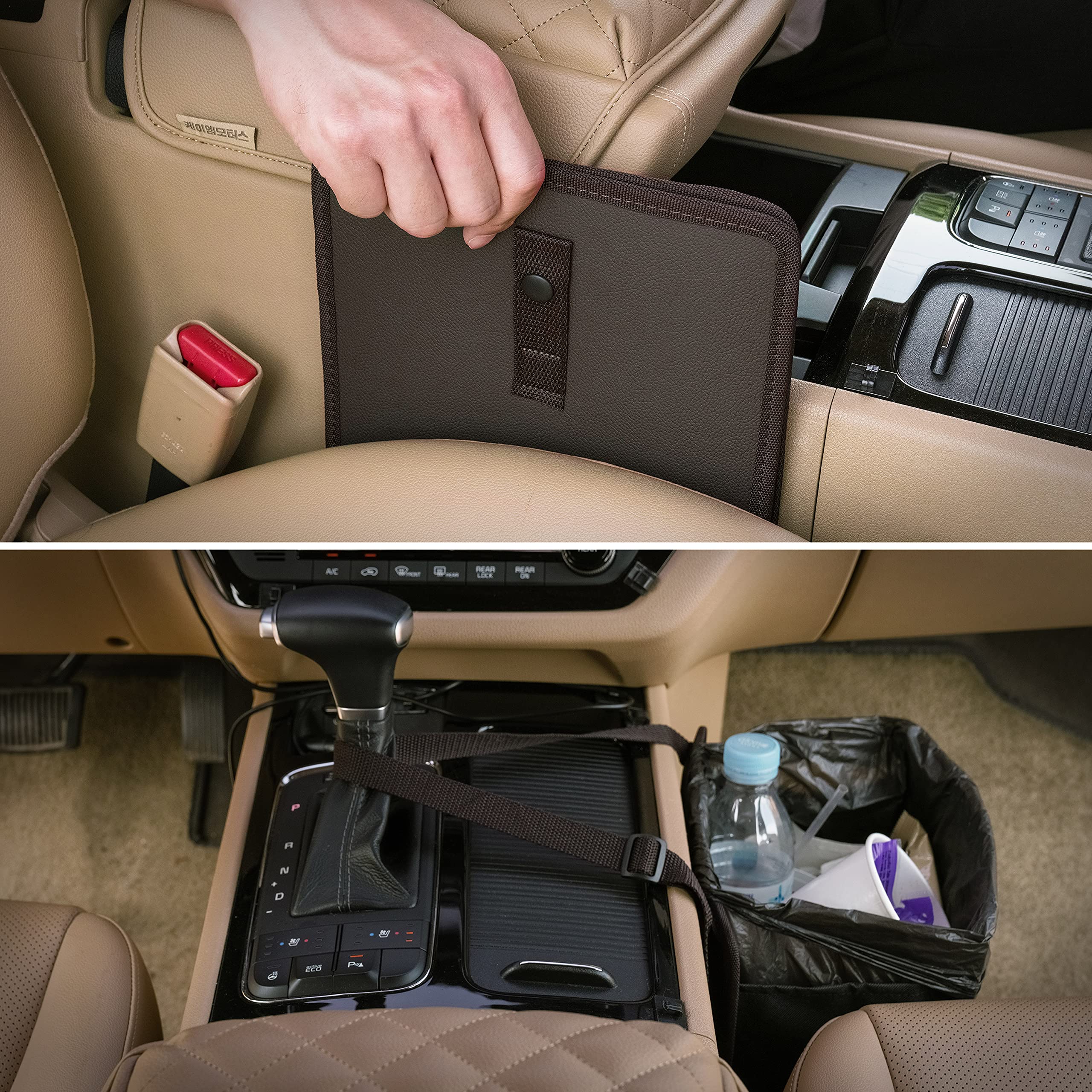 Foldable Hanging Car Trash Can - Vegan Leather & Oxford Fabric Car Organizer - Medium Brown Car Garbage Bin for Automotive - Perfect for Road Trips, Commuting & Keeping Your Vehicle Clean