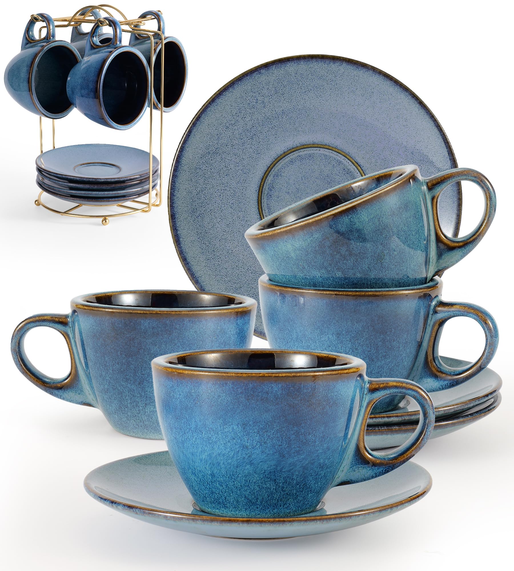 8 Oz Cappuccino Cups Set of 4 - Thick-Walled Insulated Ceramic Coffee Mugs with Saucers & Stand - Porcelain Tea, Latte & Espresso Cups - Perfect for Home Kitchen, Cafe or Office Use - Elegant Blue Design