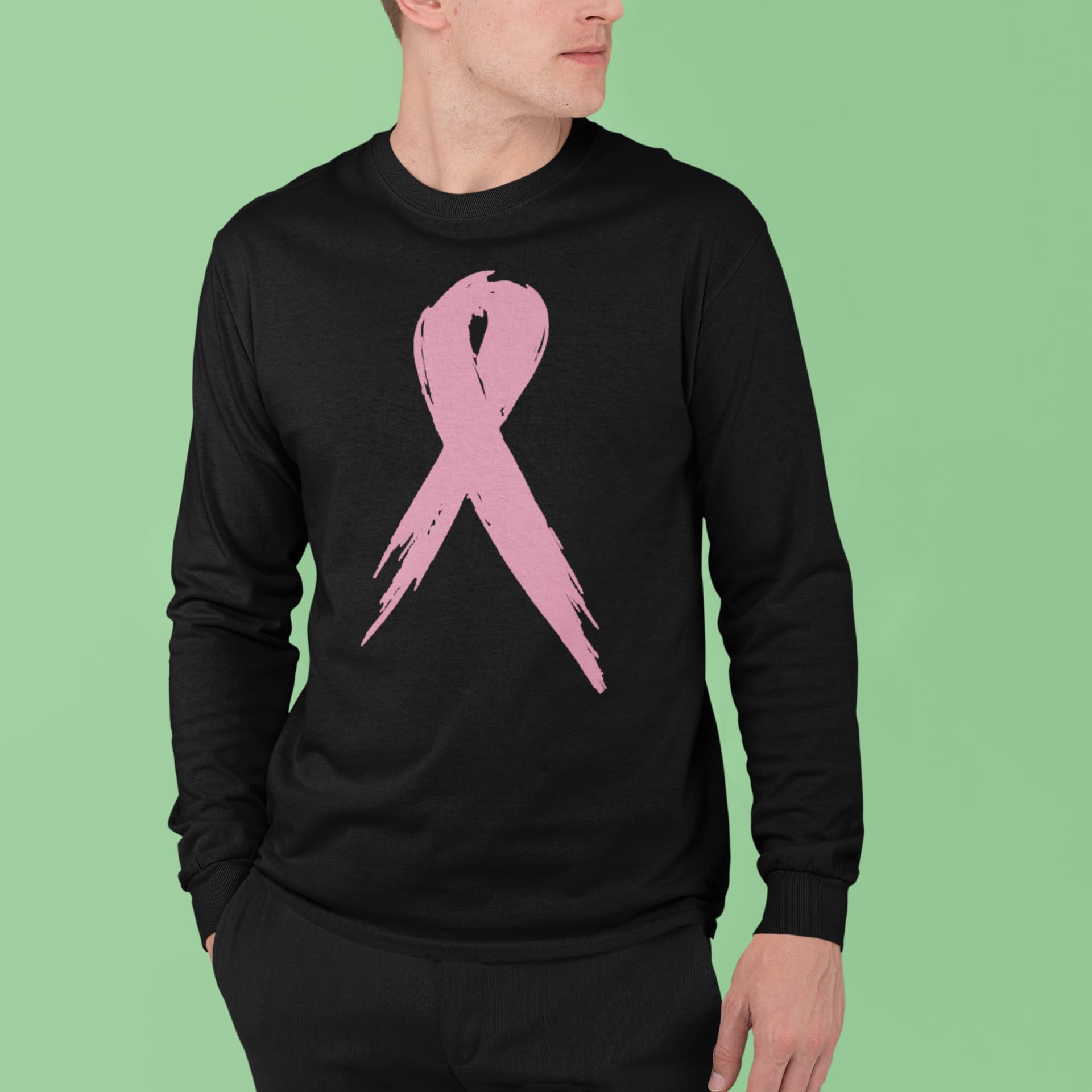 Pink Breast Cancer Ribbon Support Awareness Men's Long Sleeve Shirt - Comfortable Cotton Tee for Charity Events, Fundraisers & Everyday Wear