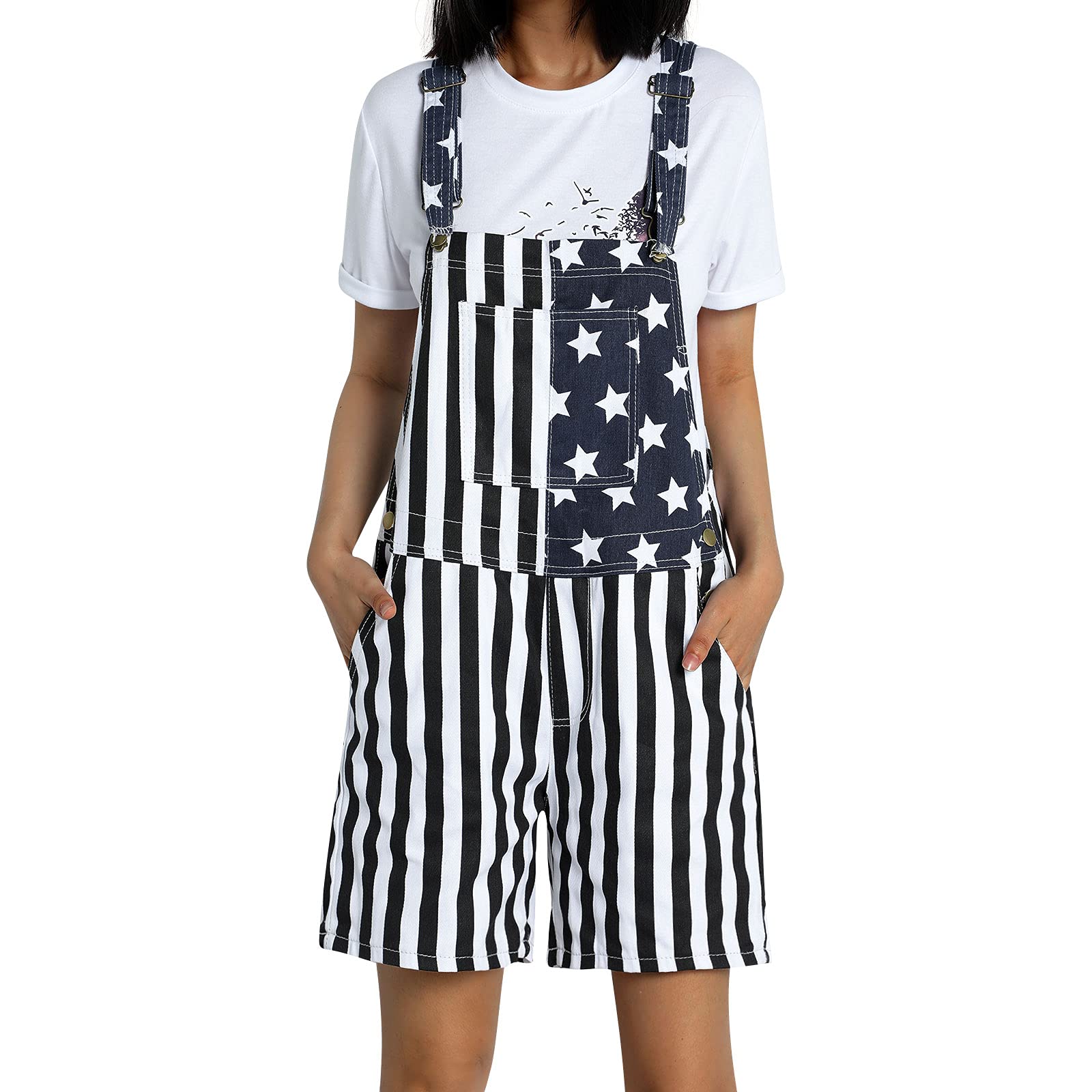 American Flag Denim Overalls - Adjustable Bib Shorts & Romper Jumpsuit for Men & Women | Casual Workwear, Summer Outfit, Patriotic Style | Perfect for 4th of July, BBQ Parties, Outdoor Festivals & Workout