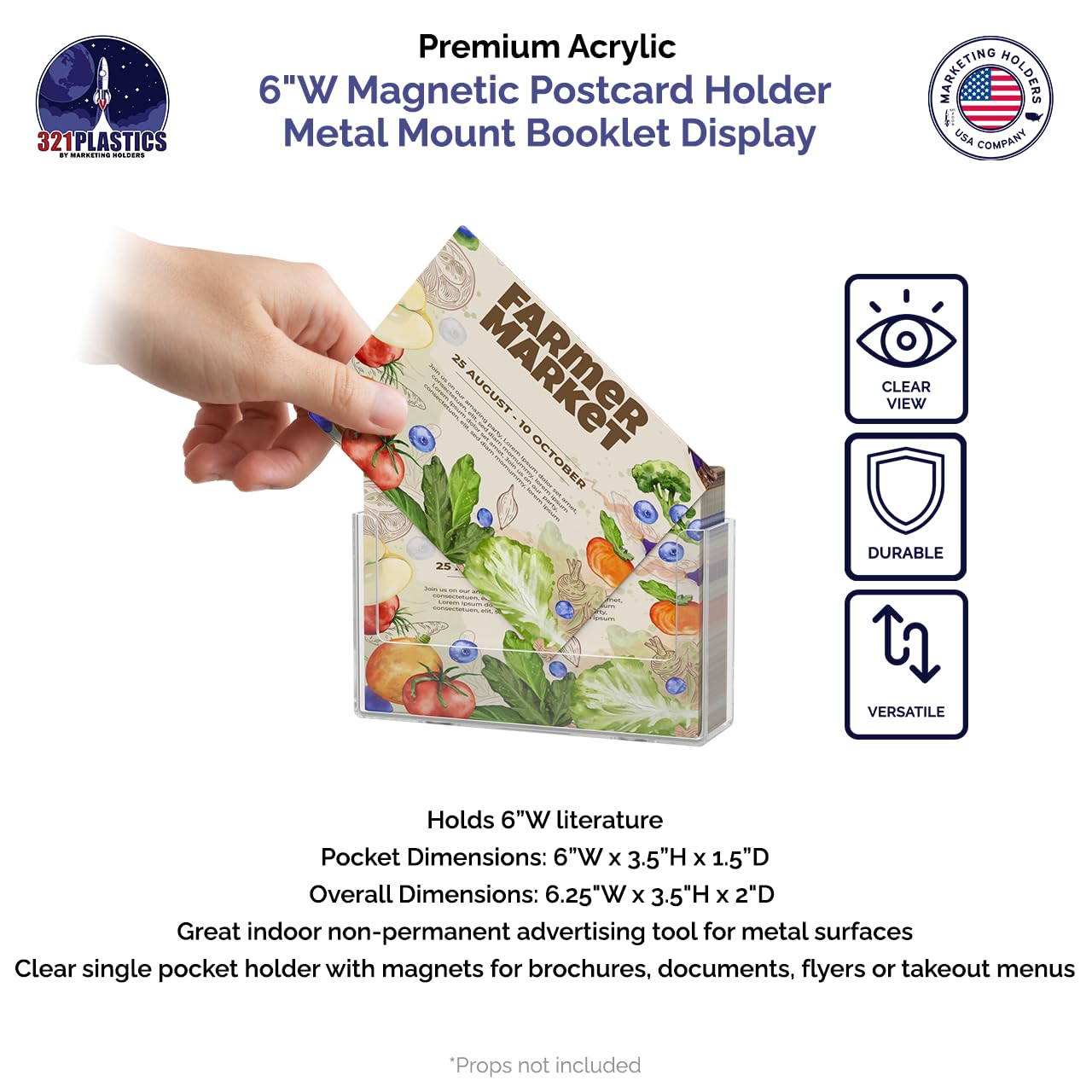 6 Pack Clear Acrylic Postcard Holders with Magnets - 6 Inch Wide Display Stand for Printed Materials, Advertisements & Booklets - Office, Shop & Restaurant Organizer (Perfect for Countertops, Reception Areas & Retail Displays)