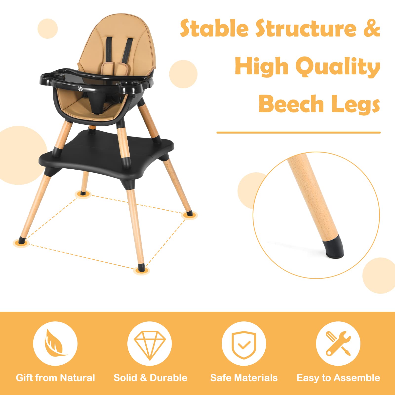 INFANS 5-in-1 Convertible Baby High Chair with Safety Harness - Adjustable Wooden Booster Seat & Toddler Dining Chair with Removable Tray & Easy-Clean Cushion - Perfect for Feeding, Playtime & Learning (Brown)