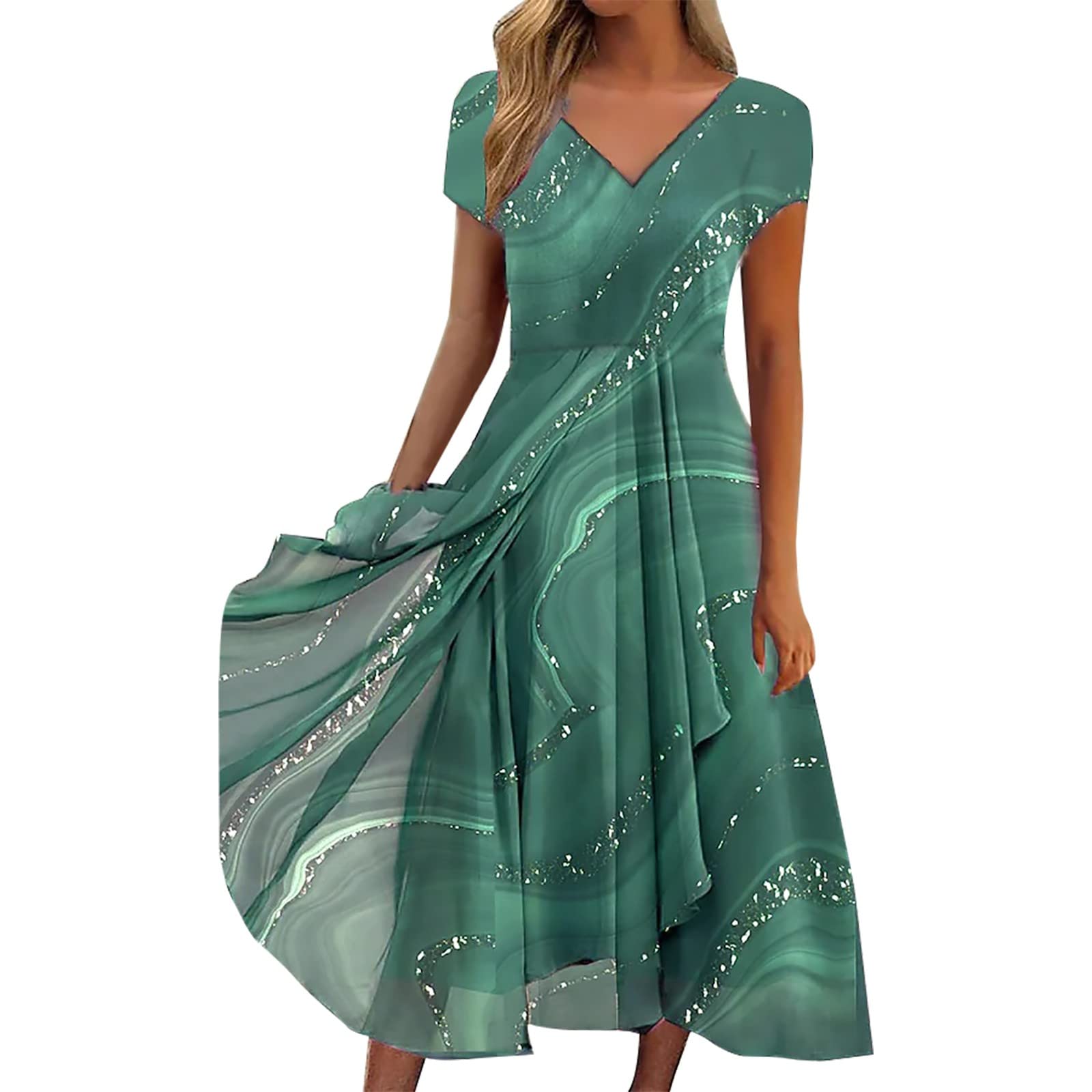 Elegant Ruched Peplum A-Line Bodycon Dress for Women - Flowy Chiffon Short Sleeve Party Dress with Trendy Patchwork Design | Perfect for Spring Weddings, Date Nights & Special Occasions