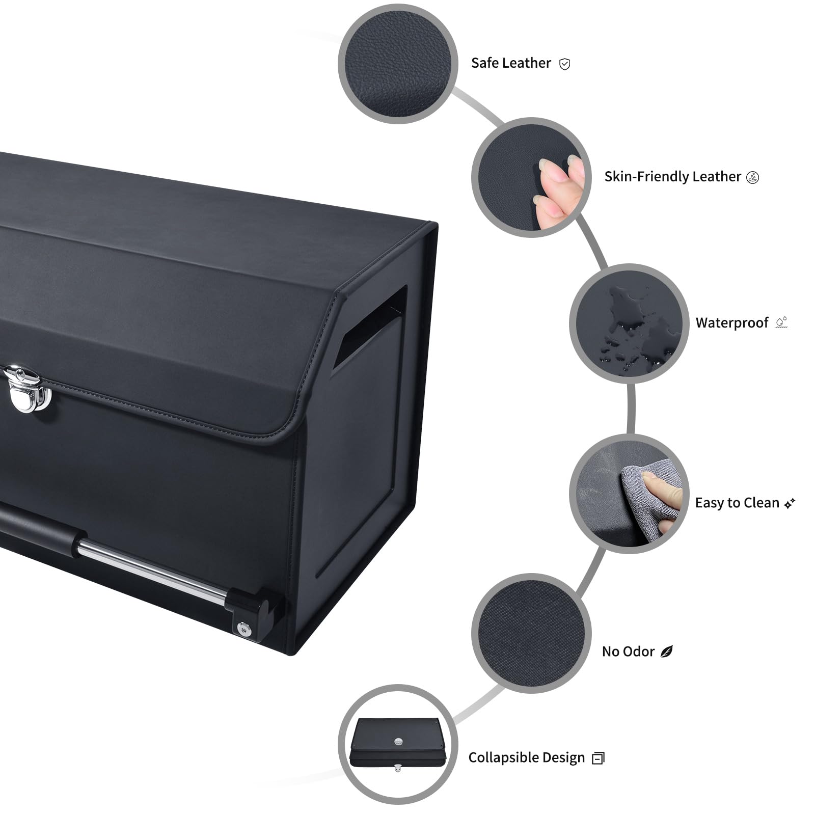 Premium Leather Collapsible Car Trunk Organizer with Push-Pull Handle & Lid - 2 Compartment Large Storage Box for SUV, Minivan, Sedan | Perfect for Road Trips, Grocery Shopping & Car Organization (Black)