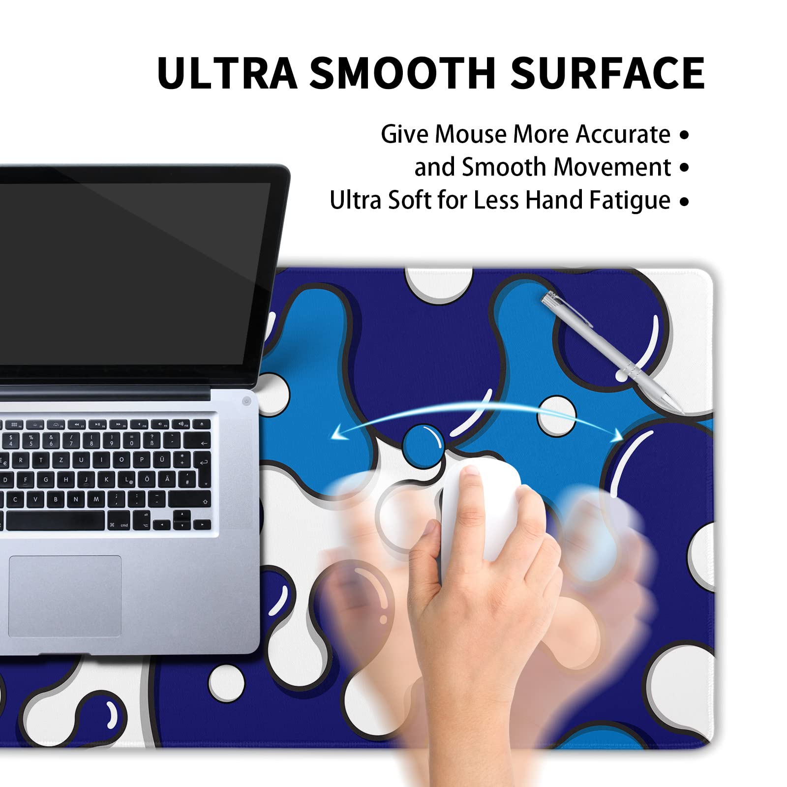 Anime Geometric Japanese Extended Gaming Mouse Pad - Navy Blue & White XXL Non-Slip Rubber Base (90x40cm/35.4x15.7in) with Stitched Edge - Perfect for Gaming, Laptop & Computer Desktop Workspace