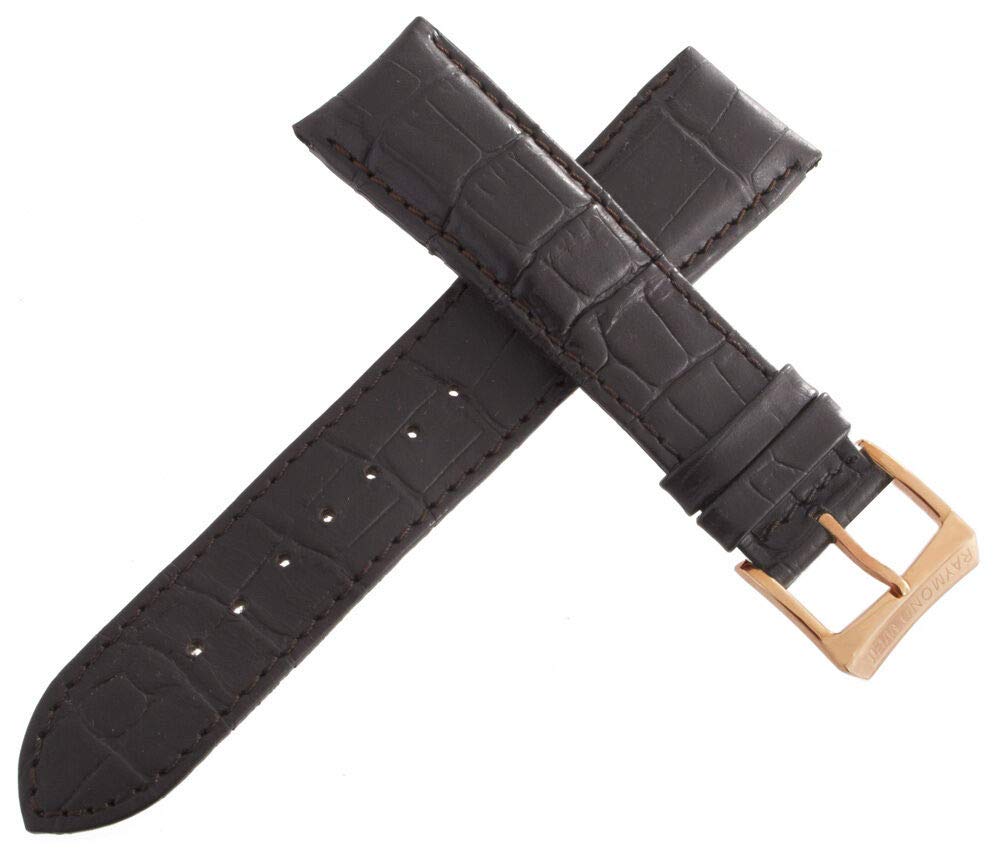 Raymond Weil 19mm Brown Genuine Leather Watch Band Strap with Rose Gold Stainless Steel Buckle - Replacement Strap for Dress Watches, Business & Formal Occasions
