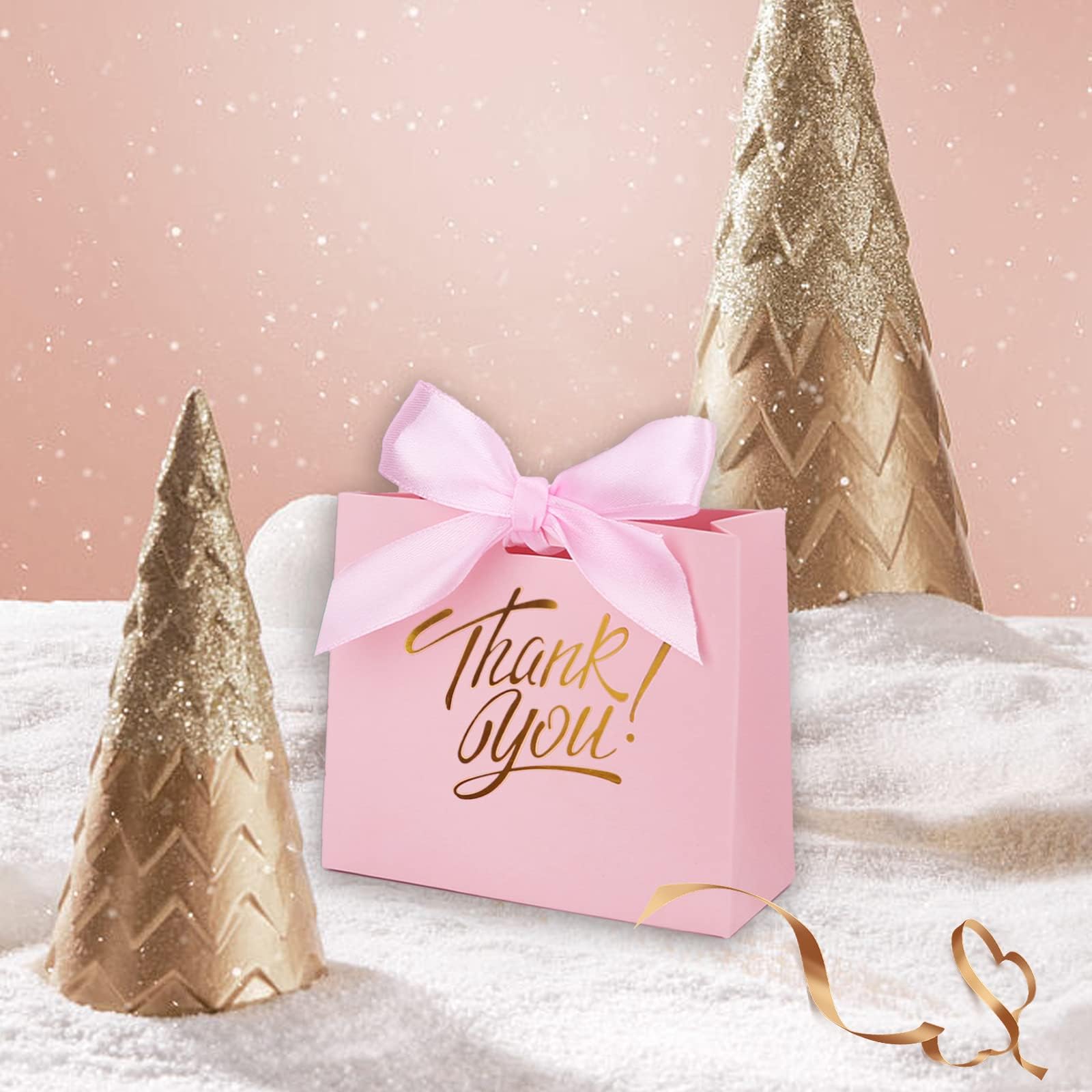 KPOSIYA 50 Pack Small Gift Bags with Bow Ribbon - 4.5x1.8x3.9 Inch Pink Party Favor Bags for Candy, Wedding, Baby Shower, Birthday & Bridal Events - Perfect for Thank You Gifts, Party Favors & Small Treats