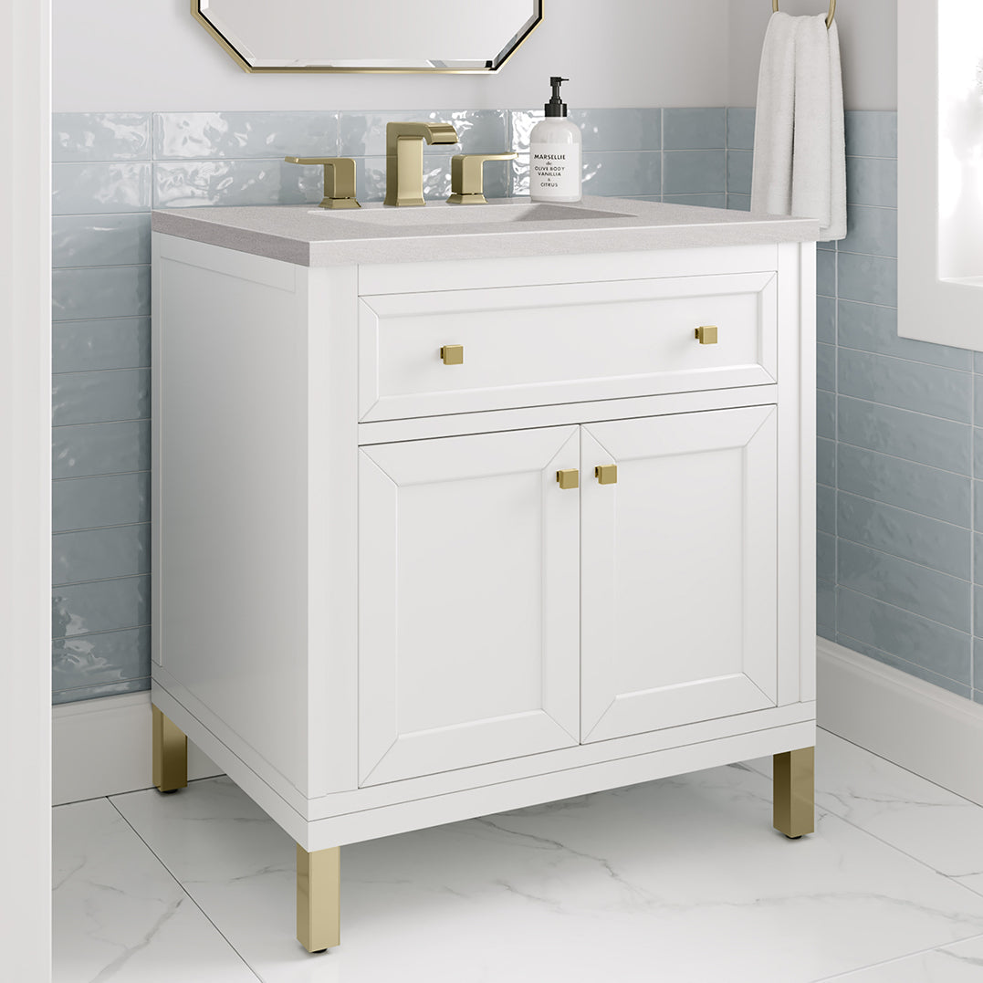 James Martin Vanities Chicago Collection 30-Inch Single Bathroom Vanity in Glossy White with Marble Countertop - Modern Space-Saving Design for Small Bathrooms & Powder Rooms