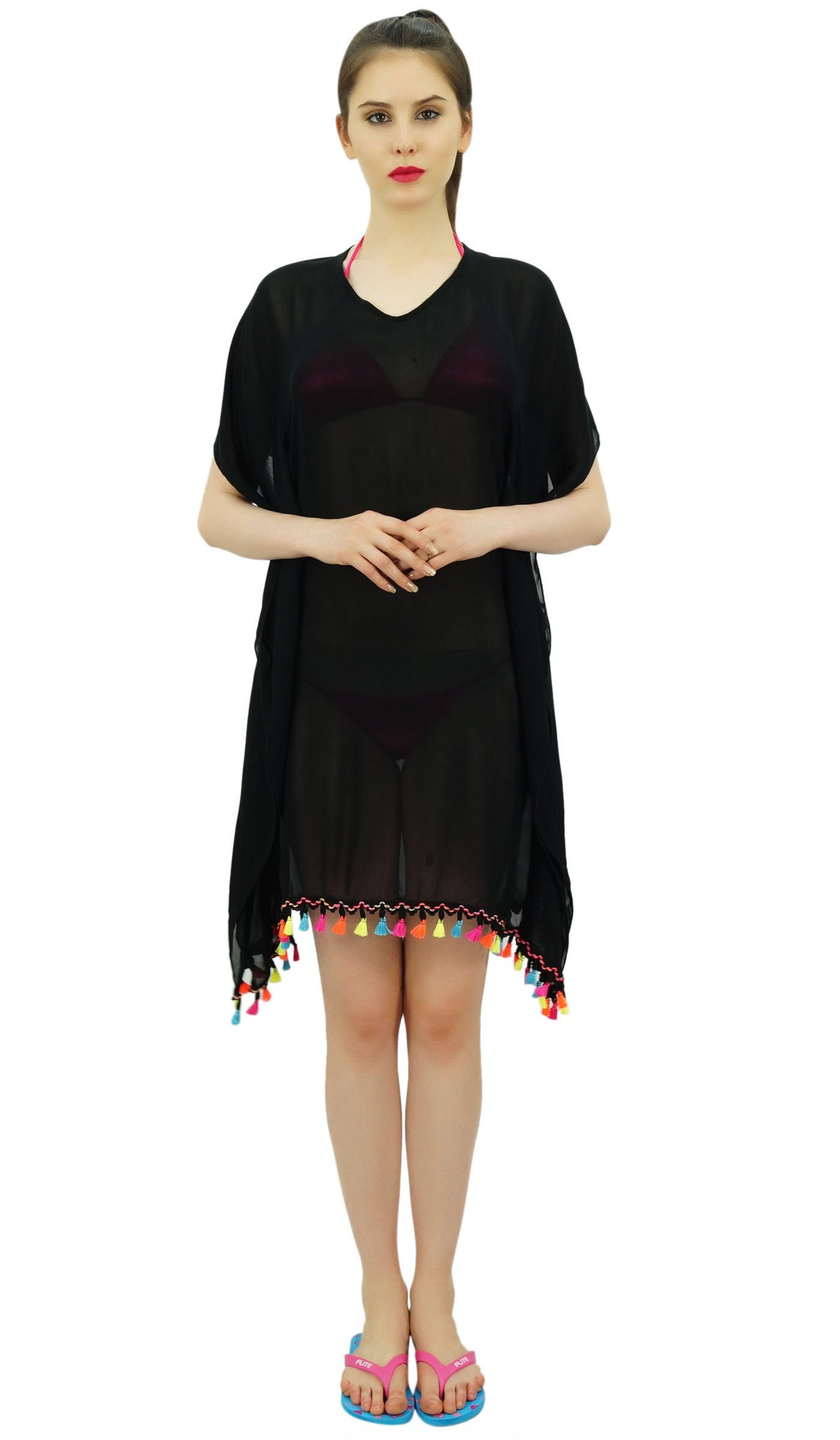 Bimba Sheer Kimono Kaftan - Women's Beach Cover Up with Tassel Details | Lightweight Summer Coverup for Pool, Vacation & Boho Fashion