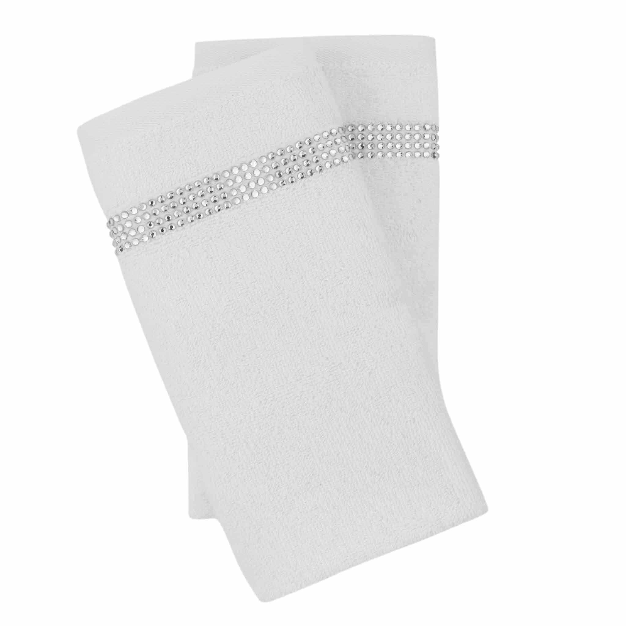 Sparkles Home Luxury Striped Fingertip Towels (Set of 2) - 100% Premium Turkish Cotton, Elegant Glass Rhinestones, 13 Inch, Machine Washable, White - Perfect for Bathroom, Guest Towels, Spa & Decorative Accents