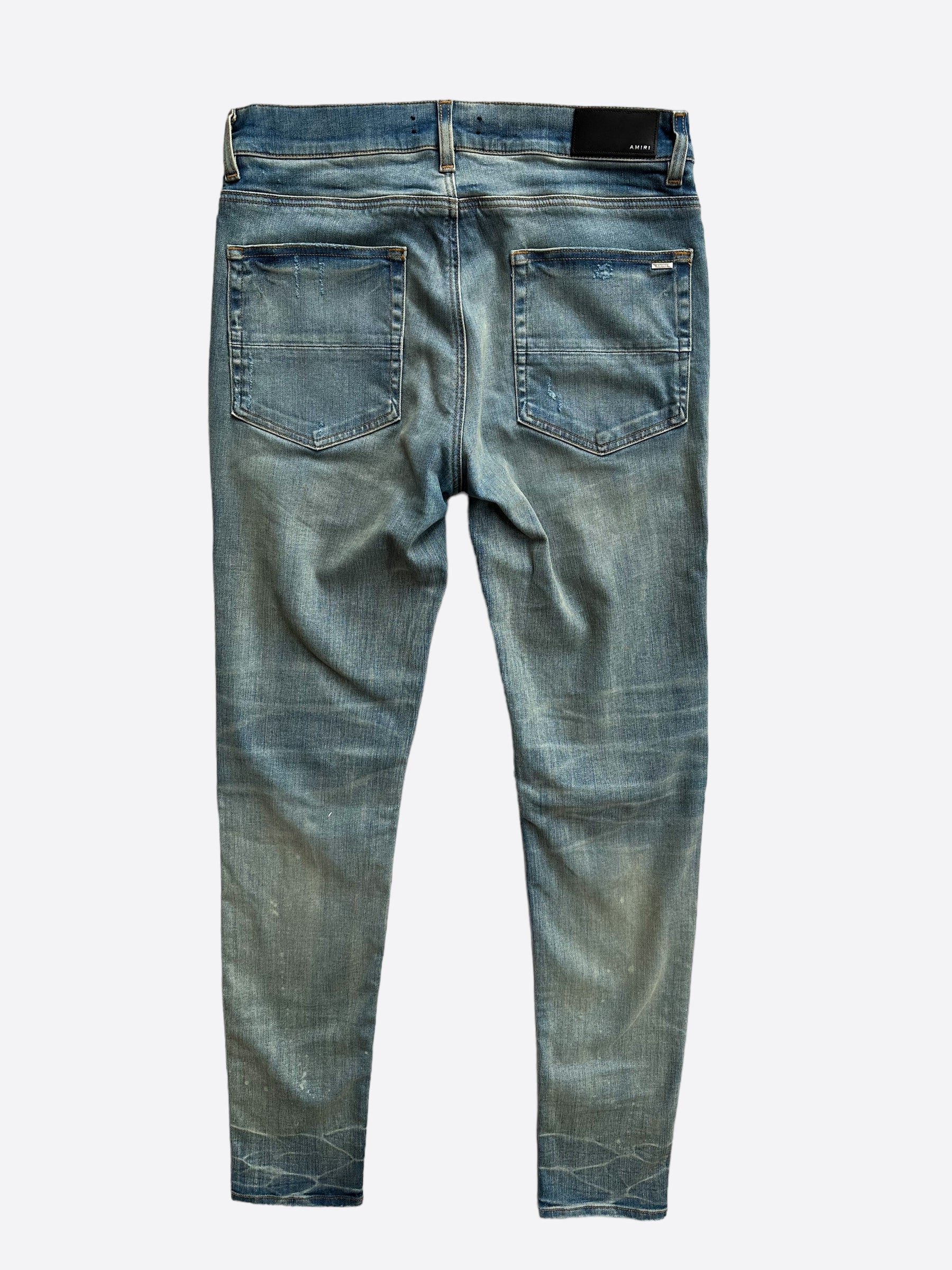 Amiri Blue Bandana Patch MX1 Distressed Denim Jeans for Men - Vintage Style Ripped Skinny Jeans | Perfect for Streetwear, Casual Outfits & Night Out Looks
