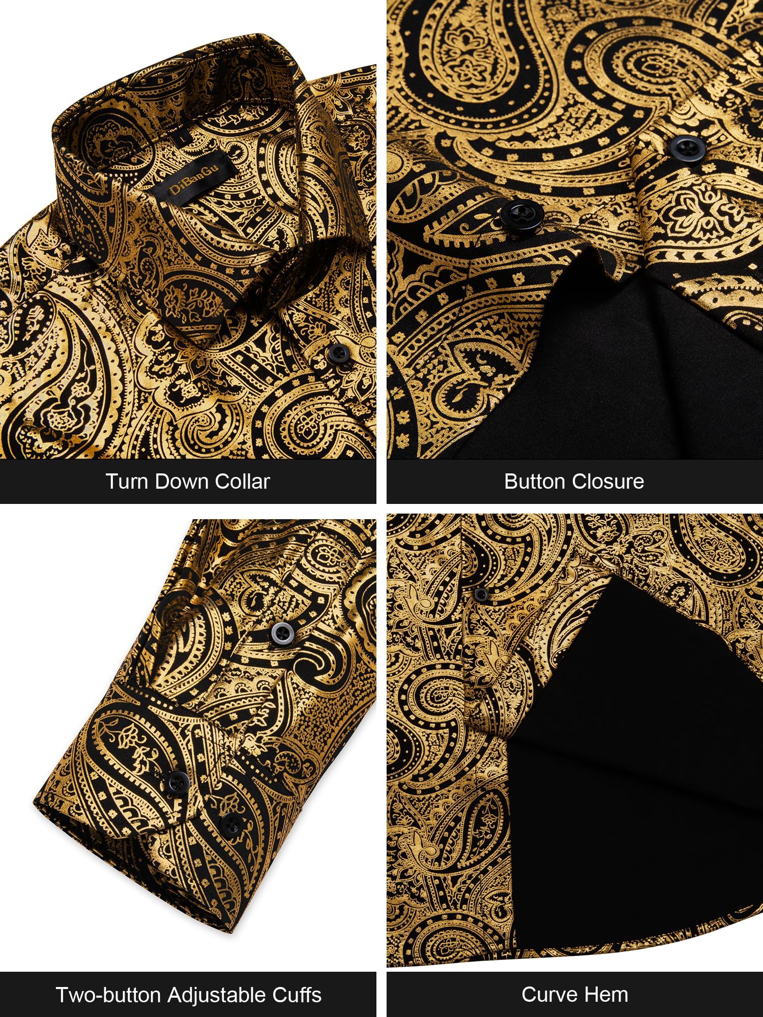 DiBanGu Men's Paisley Dress Shirt - Luxury Printed Long Sleeve Button Down Shirt, Regular Fit Shiny Formal Shirt for Wedding, Prom, Office & Special Occasions