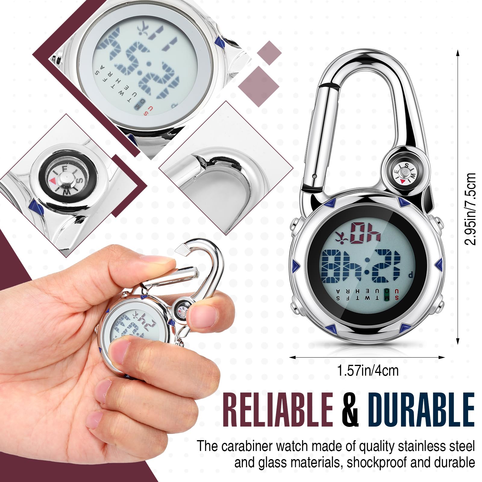 Misdary 2 Pack Digital Clip On Watch with Glow in Dark, Alarm, Date & Week Display - Carabiner Pocket Watch for Men, Women, Nurses - Perfect for Outdoor Sports, Hiking, Climbing & Backpacking Accessories