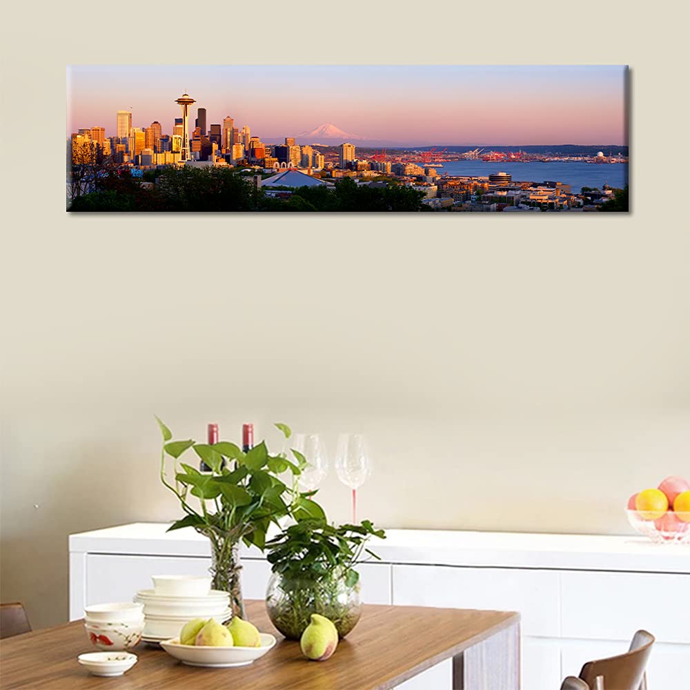 Seattle Skyline Wall Art Canvas Print - Space Needle & Mount Rainier Modern Home Decor | 12