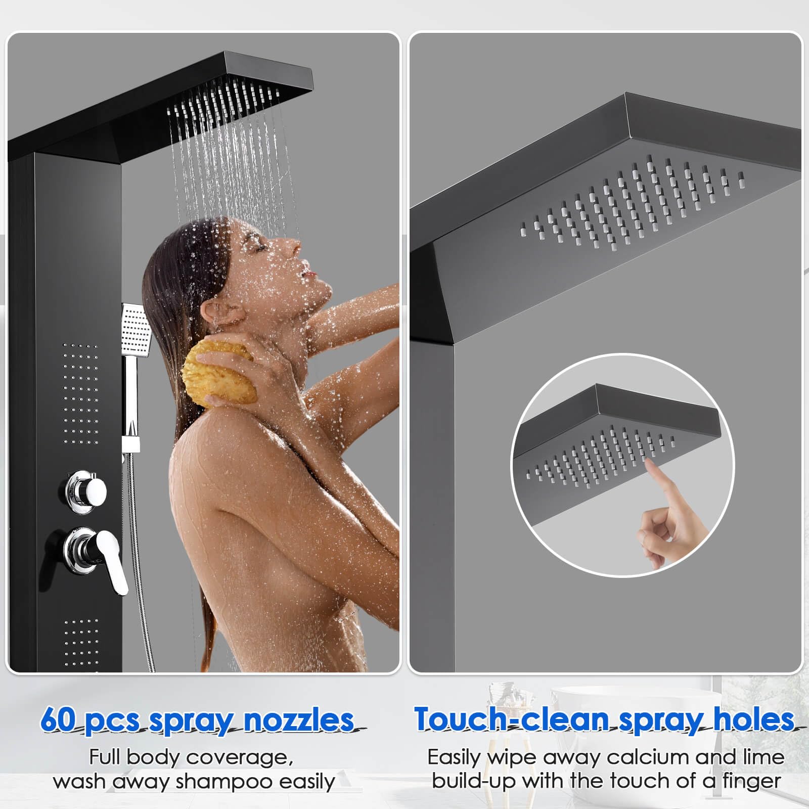 ROVOGO 46.5 Inch Black Stainless Steel Shower Panel Tower System - Rainfall Showerhead, 6 Body Jets, Handheld Spray & Tub Spout - High Pressure Bathroom Upgrade for Spa-Like Experience | Perfect for Master Bath, Luxury Home Renovation & Relaxation