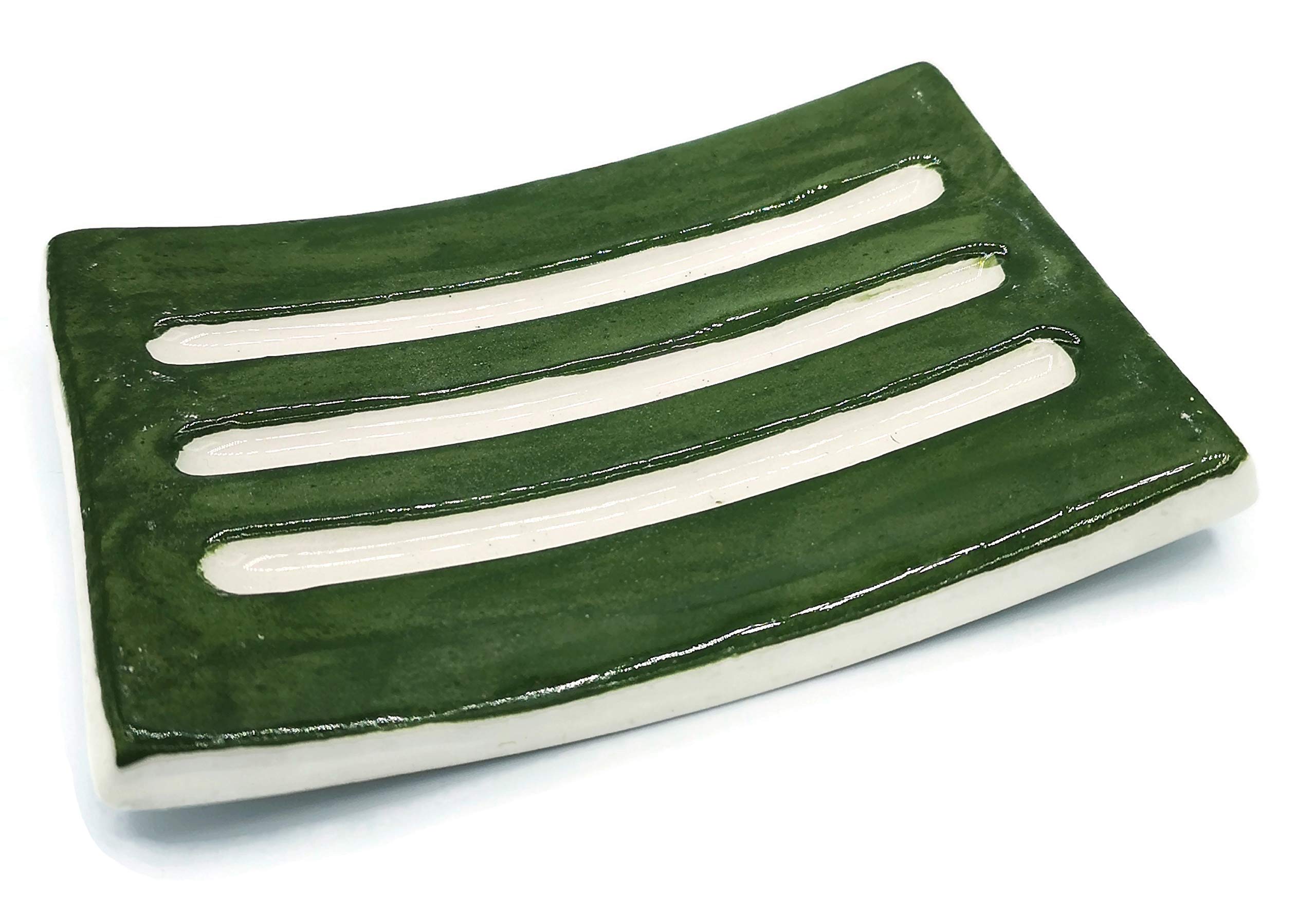 Olive Green Handmade Ceramic Soap Dish for Bar Soap - Rectangle Sponge Holder | Bathroom & Kitchen Organizer, Spa & Shower Accessory