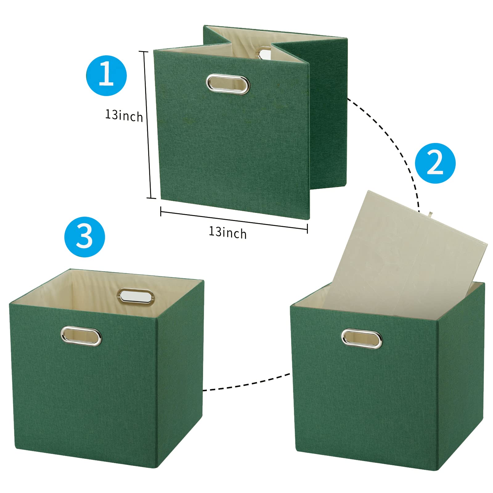 Foldable Cube Storage Bins 13×13 Inch - Set of 4 Collapsible Fabric Organizer Boxes with Handles, Large Capacity Closet Shelf Cabinet Drawer Organizers for Bedroom, Office, Nursery - Grass Green Home Organization Solution