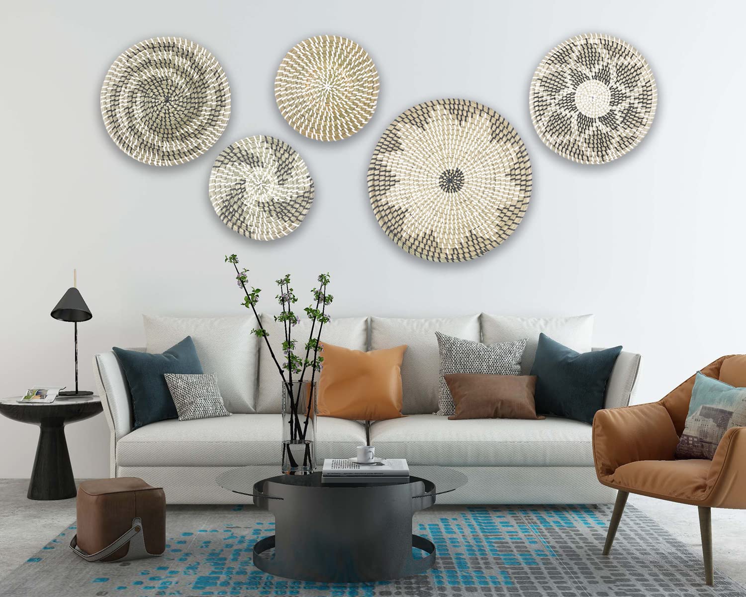 Set of 5 Handmade Rattan Hanging Wall Baskets - Boho Woven Seagrass Wall Decor for Living Room & Bedroom - Unique Natural Fiber Wall Art for Home Decor, Storage, and Cozy Interior Design