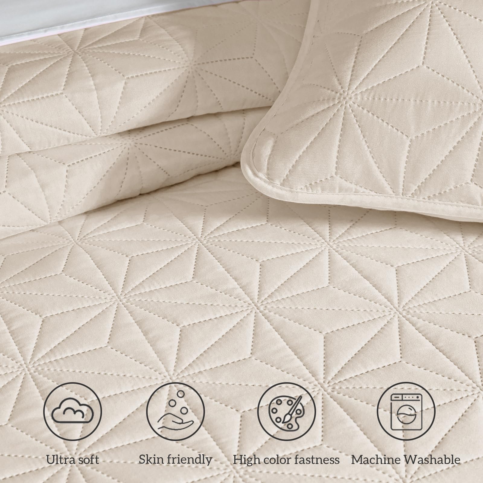 Premium Whale Flotilla King Size Quilt Bedding Set - Soft Birch Beige Lightweight 3-Piece Bedspread with Geometric Star Pattern for All Seasons | Cozy Home Decor, Guest Room & Master Bedroom Luxury Comfort