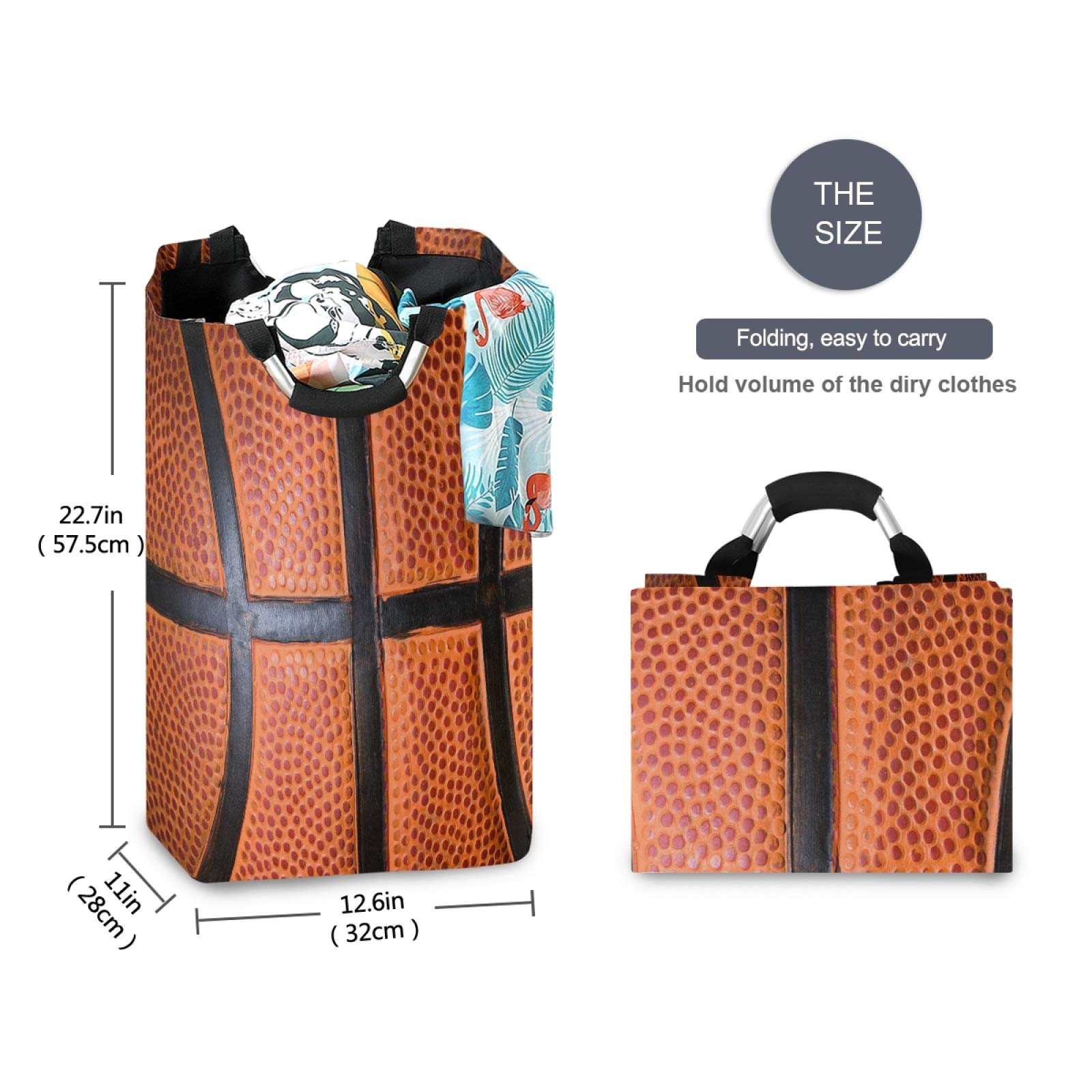 Foldable Waterproof Laundry Hamper Basket with Handles - Basketball Texture Orange Dirty Clothes Bag, Toy Storage Bin for Bathroom, Bedroom & Kids Room - Perfect for Sports Lovers & Home Organization