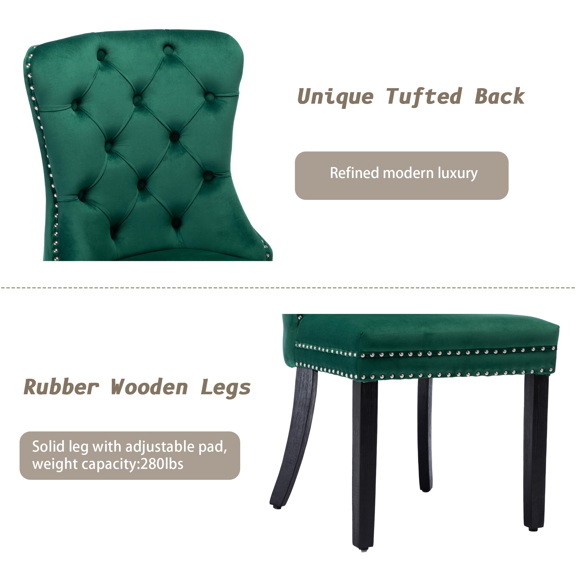 KCC Velvet Dining Chairs Set of 2 - Upholstered Tufted Modern Dining Room Chairs with Nailhead Trim & Solid Wood Legs, Nikki Collection Green Velvet Kitchen Chairs for Dining Room, Restaurant & Home Decor