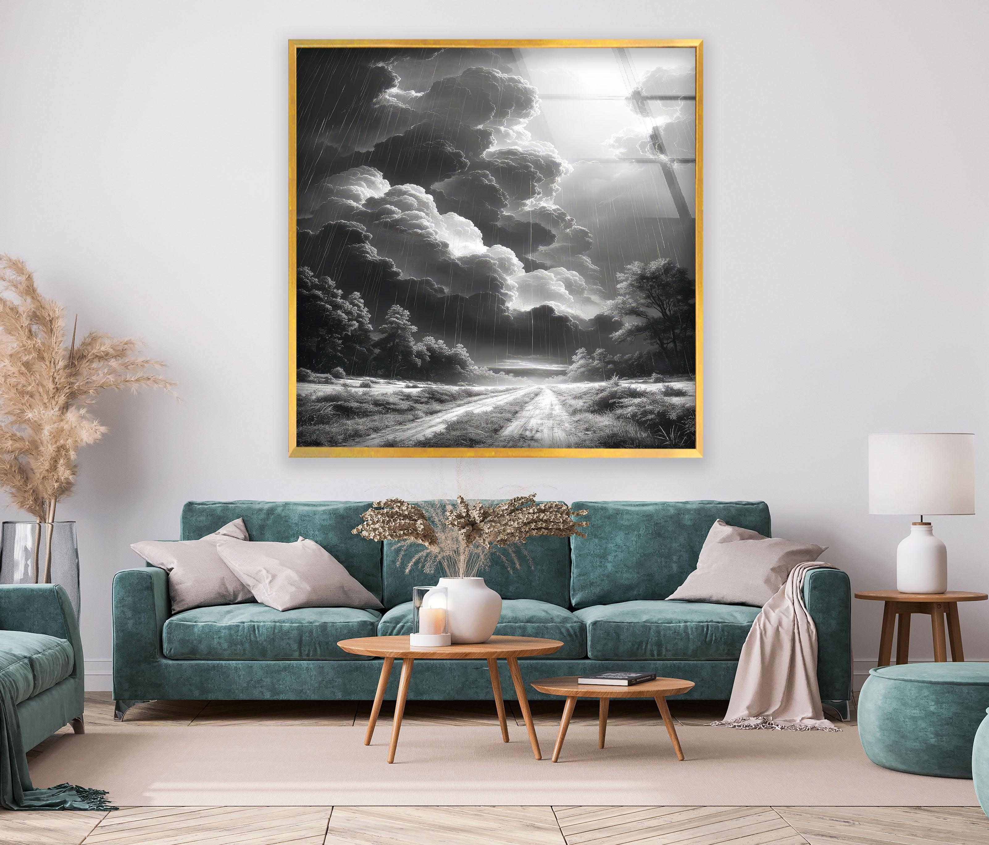 Black and White Storm Glass Wall Art - Dramatic Rainy Landscape Painting for Home & Office Decor - Perfect for Living Room, Bedroom, or Office Wall Decor