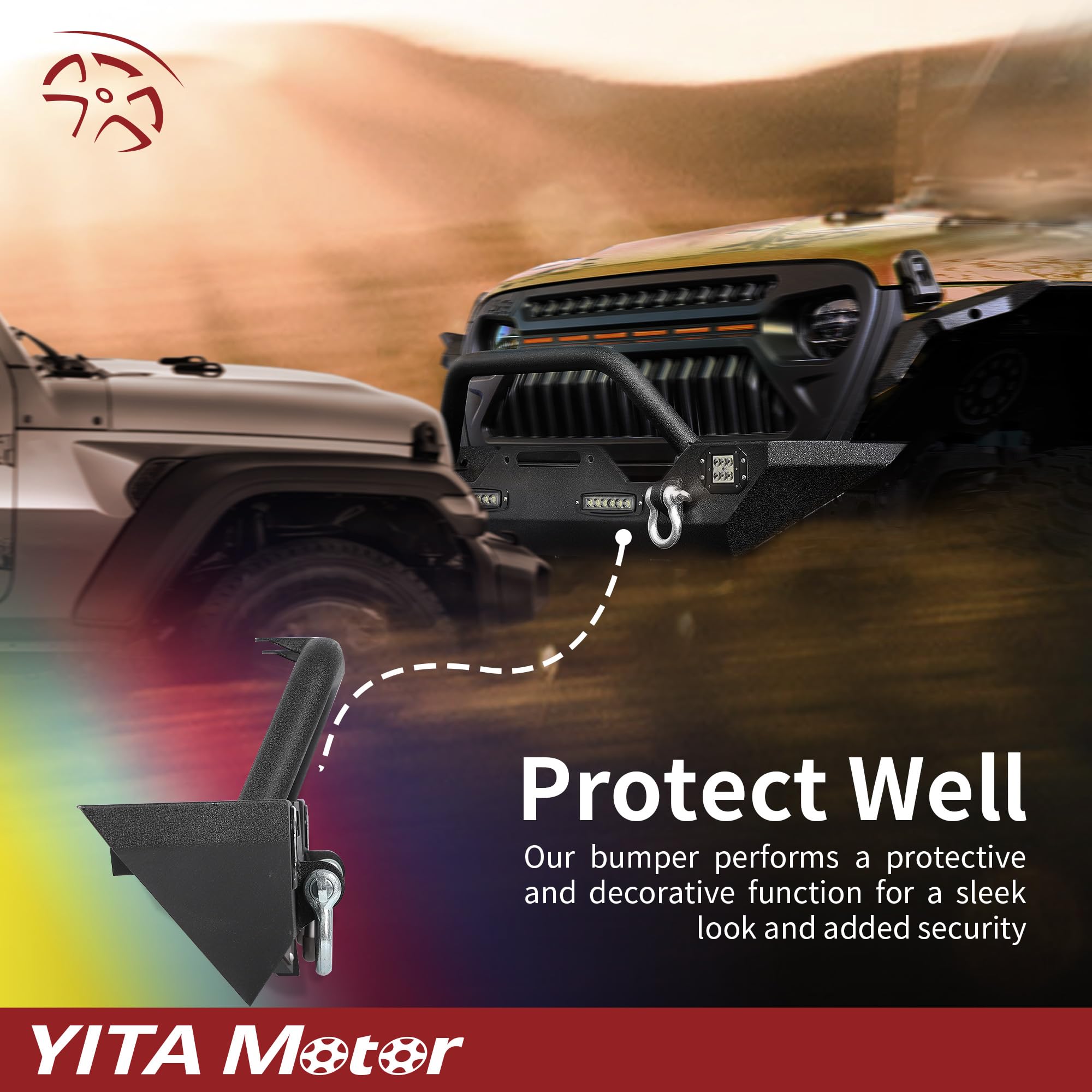 YITAMOTOR Heavy Duty Front Bumper for 2018-2025 Jeep Wrangler JL & 2020-2025 Jeep Gladiator - Rock Crawler Off-Road Bumper with 4 LED Lights & 2 D-Rings - Perfect for Off-Roading, Trail Riding & Jeep Modifications
