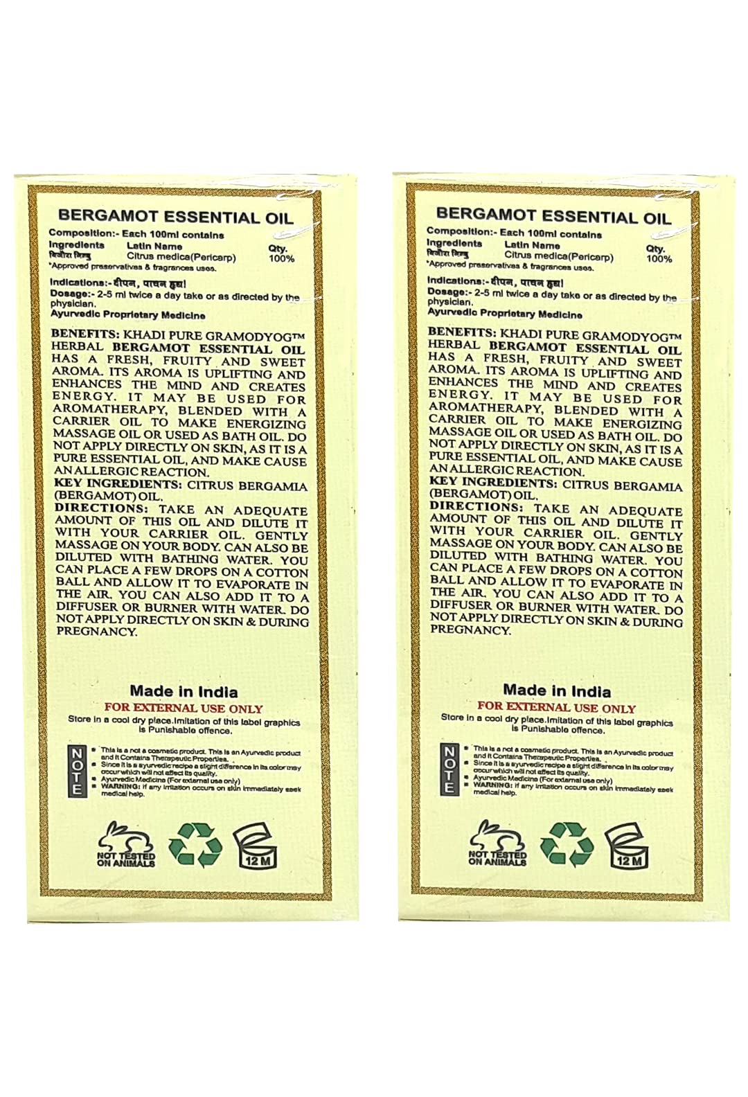 Khadi Pure Herbal Bergamot Essential Oil - 15ml (Pack of 2) | 100% Natural Aromatherapy Oil for Relaxation, Stress Relief & Skin Care | Perfect for Diffusers, Massage & DIY Beauty Products