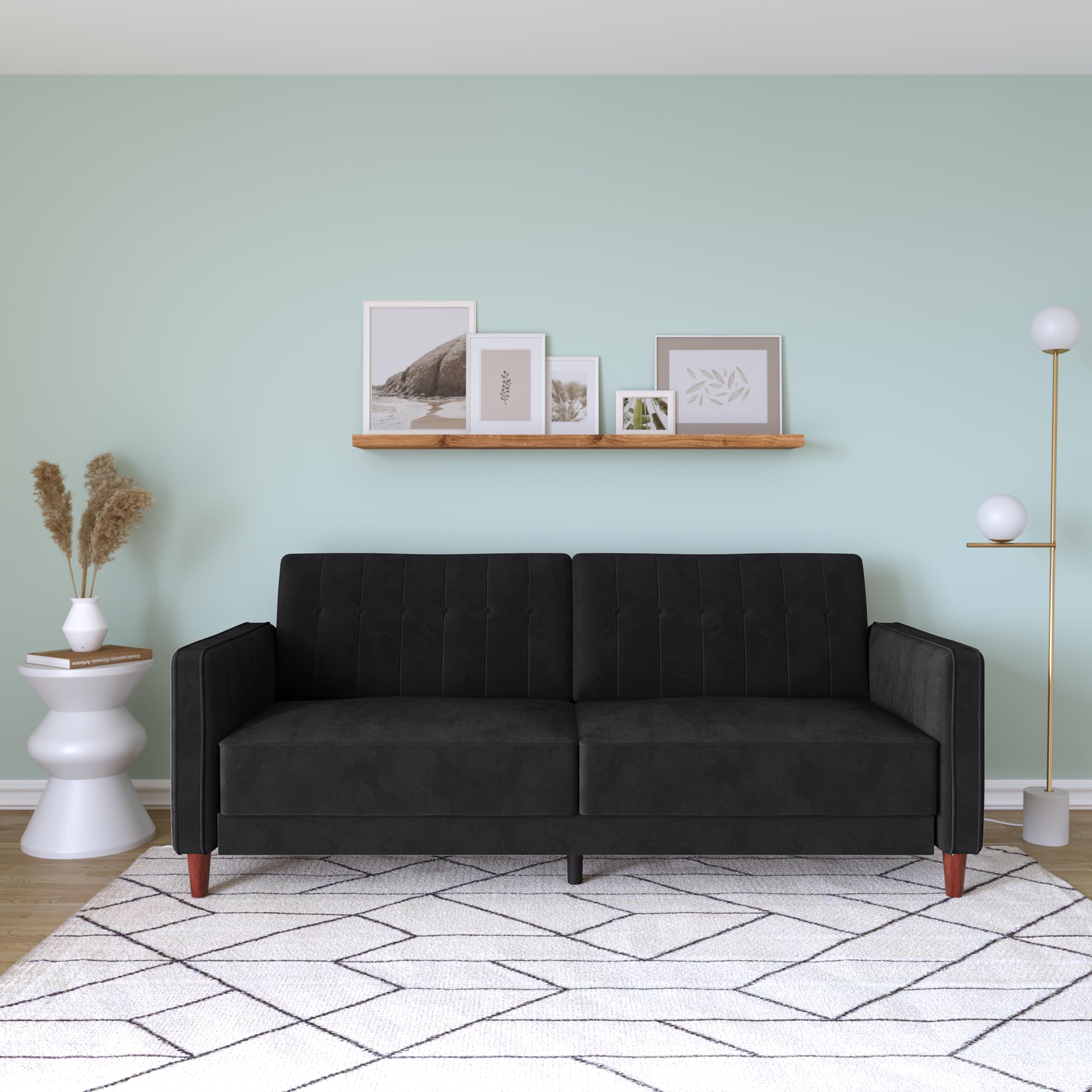 DHP Ivana Tufted Transitional Futon Sofa Bed - Convertible Sleeper with Black Velvet Upholstery for Living Room, Guest Room & Small Spaces