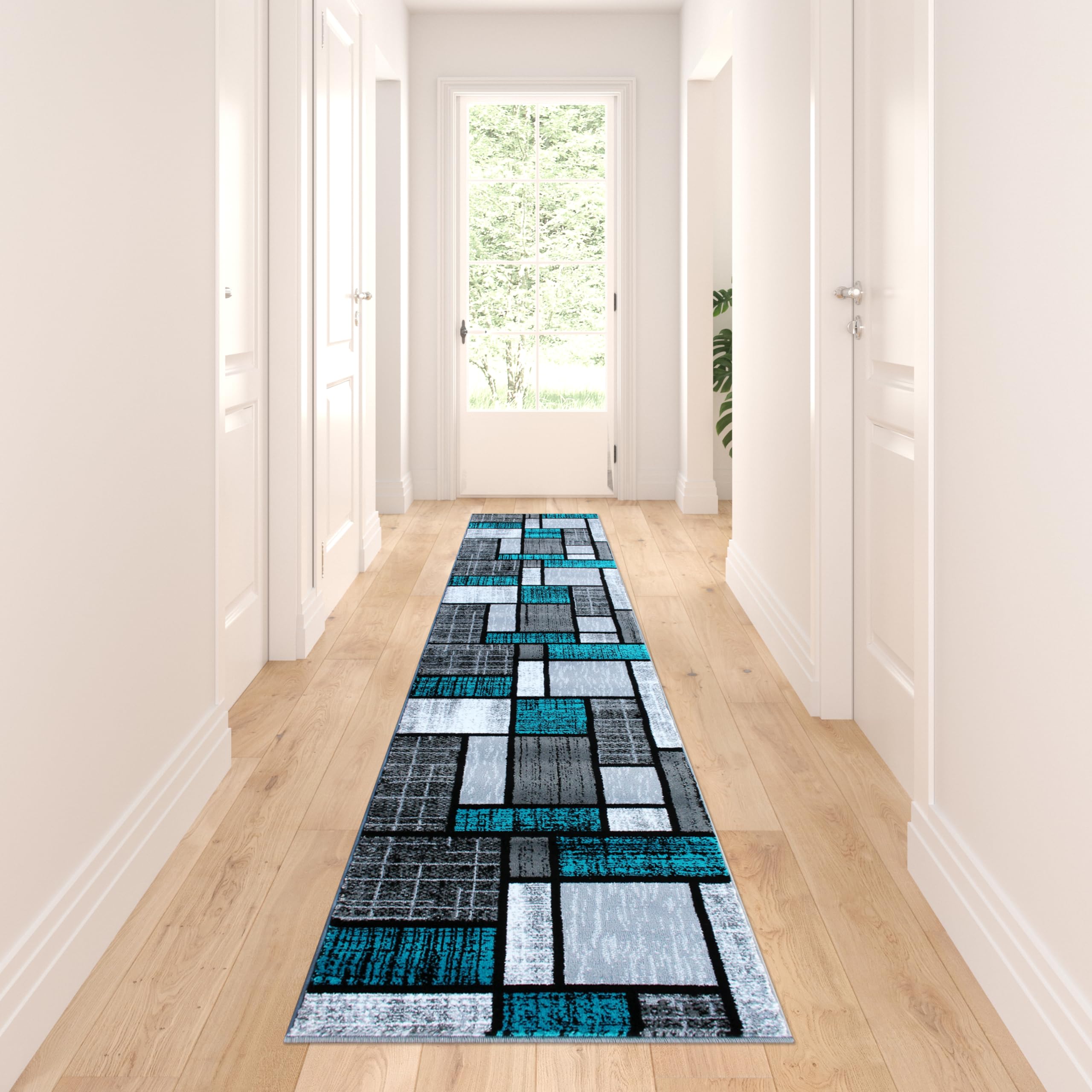 2' x 11' Turquoise Blue Brick Pattern Olefin Area Rug with Natural Jute Backing - Non-Slip Entryway, Living Room, Bedroom Rug for Home Decor & High Traffic Areas