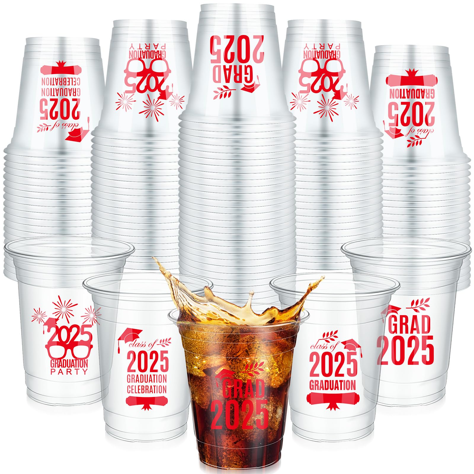 100 Pcs Class of 2025 Graduation Cups - 16 oz Disposable Plastic Party Cups for Graduation Celebrations - Clear Red Drinkware for Congrats Grad Party Supplies - Perfect for Graduation Ceremonies, School Parties & Commencement Receptions