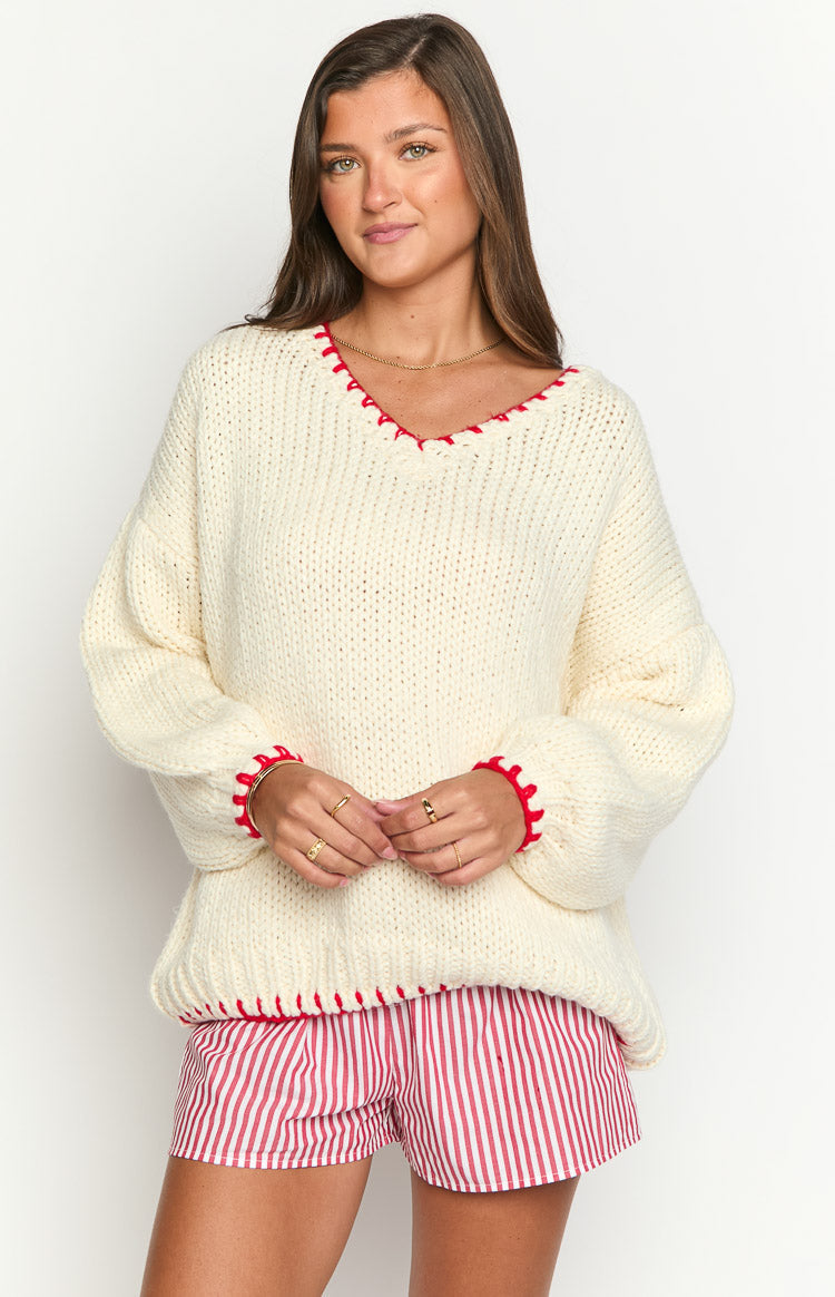 Delvey Cream & Red Contrast Stitch Chunky Knit Sweater for Women - Cozy Winter Pullover for Casual Outfits & Holiday Gatherings