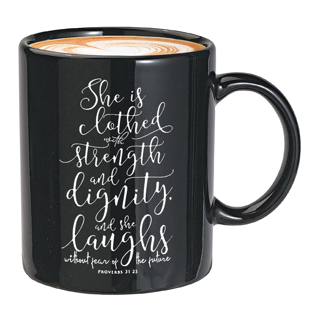 Inspirational Bible Verse Coffee Mug - She Is Clothed With Strength And Dignity Proverbs 31:25 - Christian Gift for Women, Mothers, Church Members - Perfect for Daily Devotion, Bible Study & Encouragement