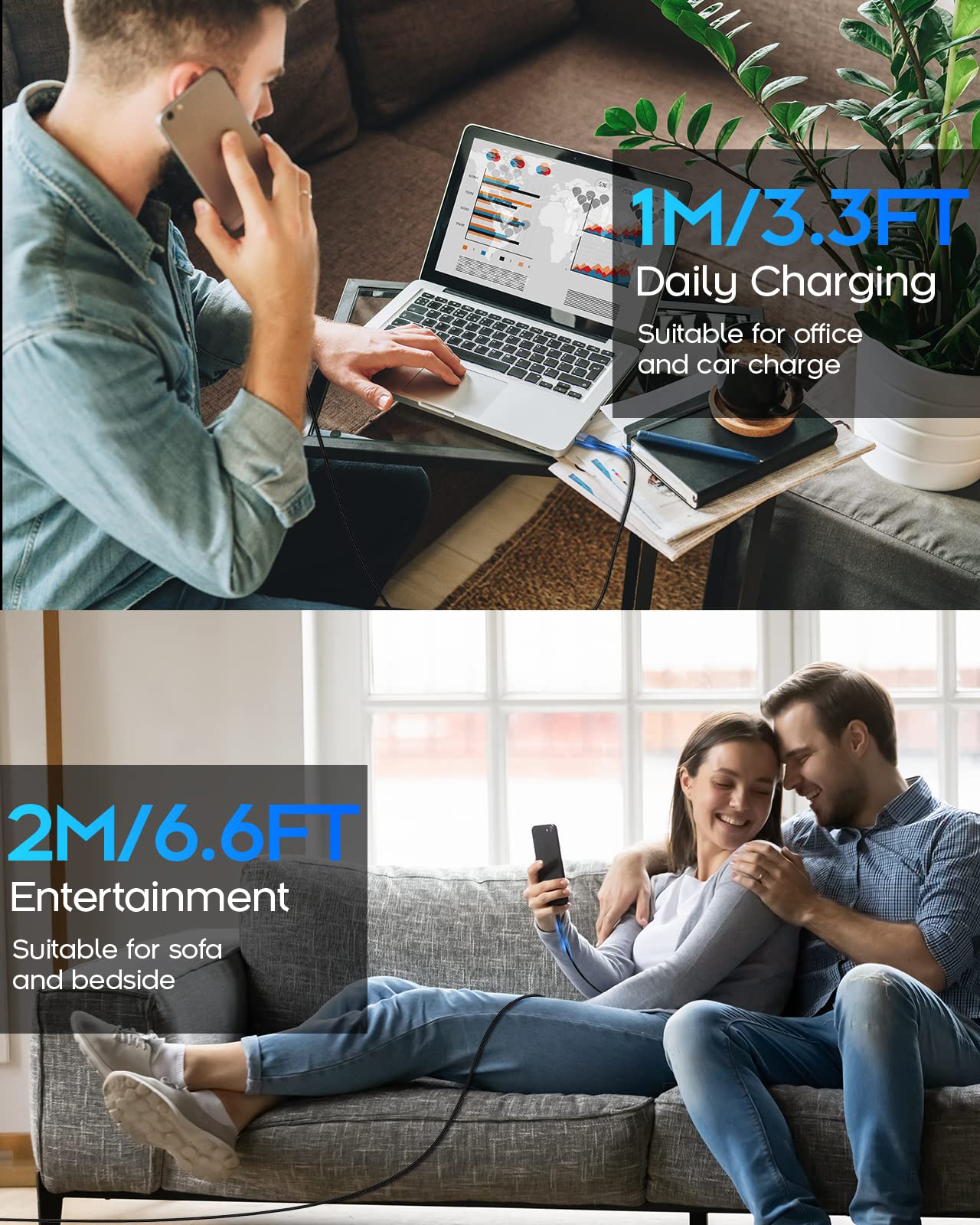YKZ 3-in-1 Magnetic Charging Cable - Fast 15W USB-C/Micro USB/Lightning Cable with 12 Adapter Tips, Nylon Braided Durable Charger for iPhone 15/14/13/12, Samsung Galaxy, iPad & More (4-Pack: 1M+1M+2M+2M) - Perfect for Home, Office & Travel Charging